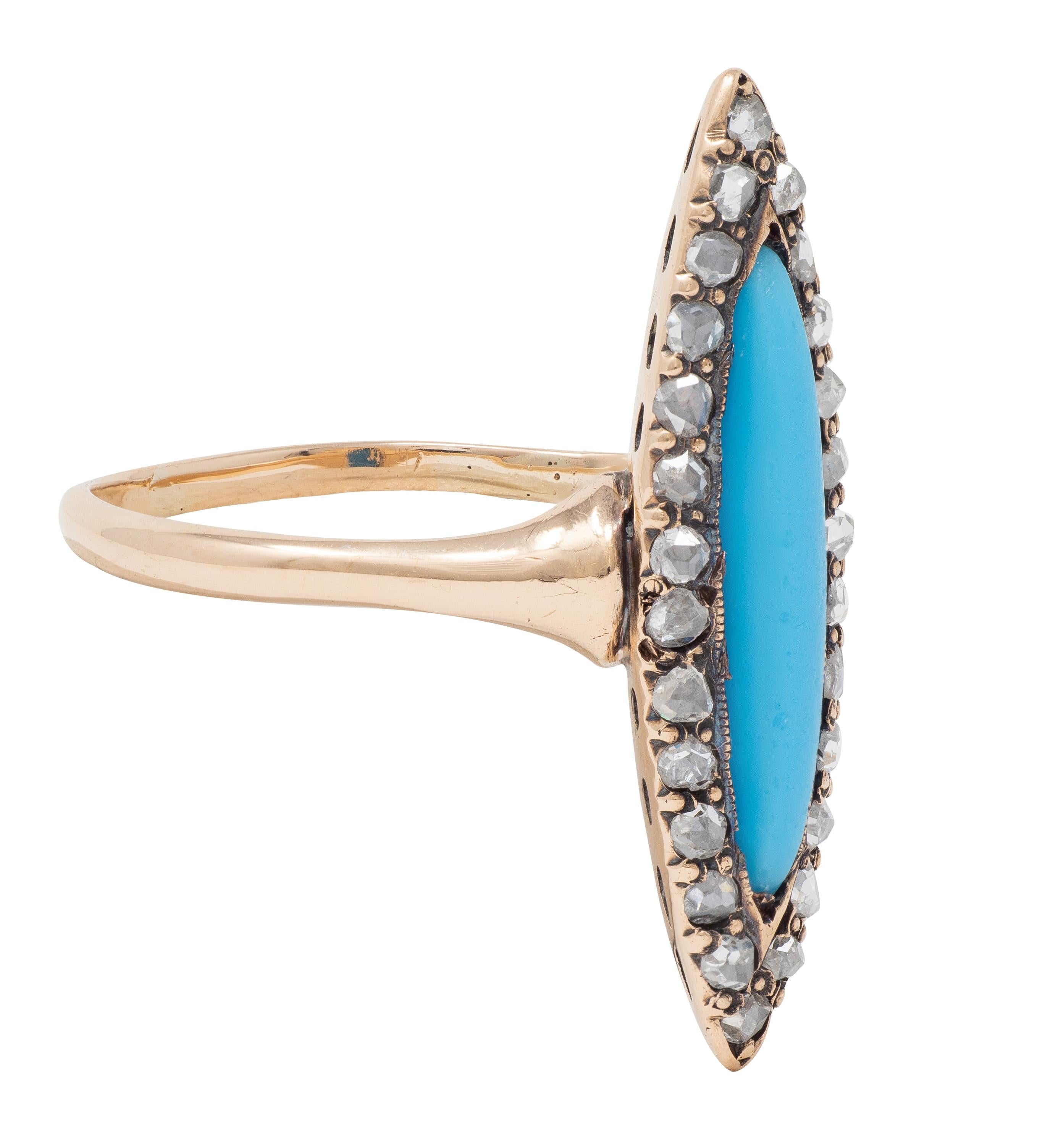 Victorian Turquoise Diamond 14 Karat Rose Gold Antique Navette Halo Ring
