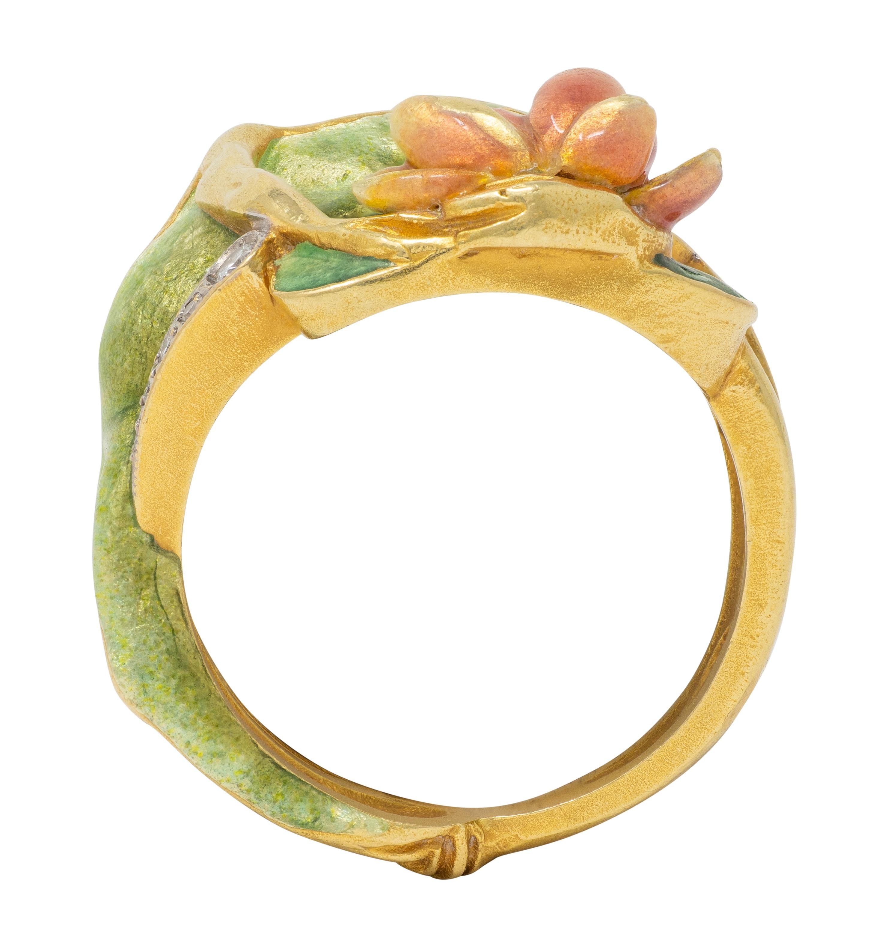 Masriera Contemporary Diamond Enamel 18K Gold Platinum Frog Water Lily Ring