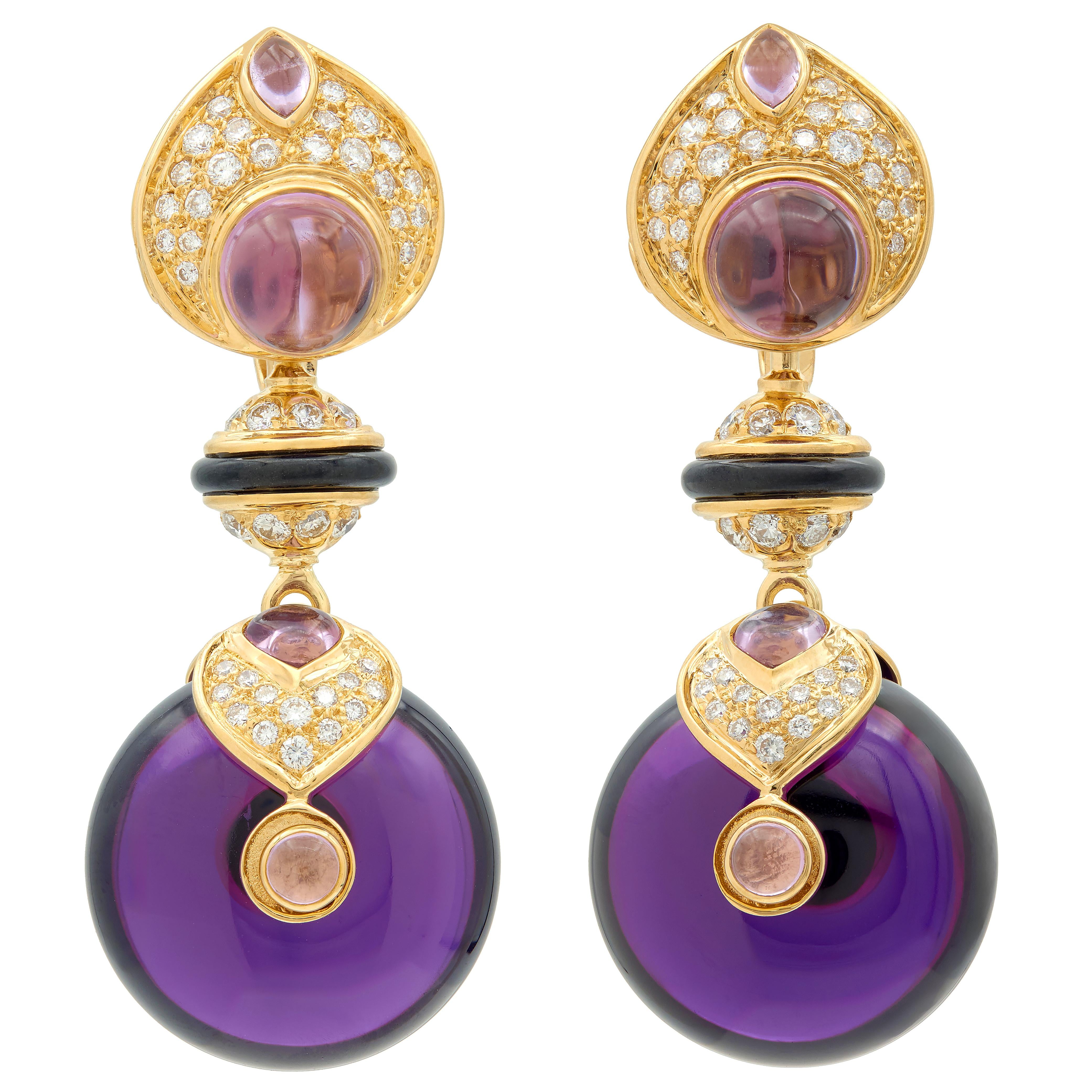 Marina B. 1980's Diamond Amethyst Onyx 18 Karat Gold Vintage Pneu Drop Earrings
