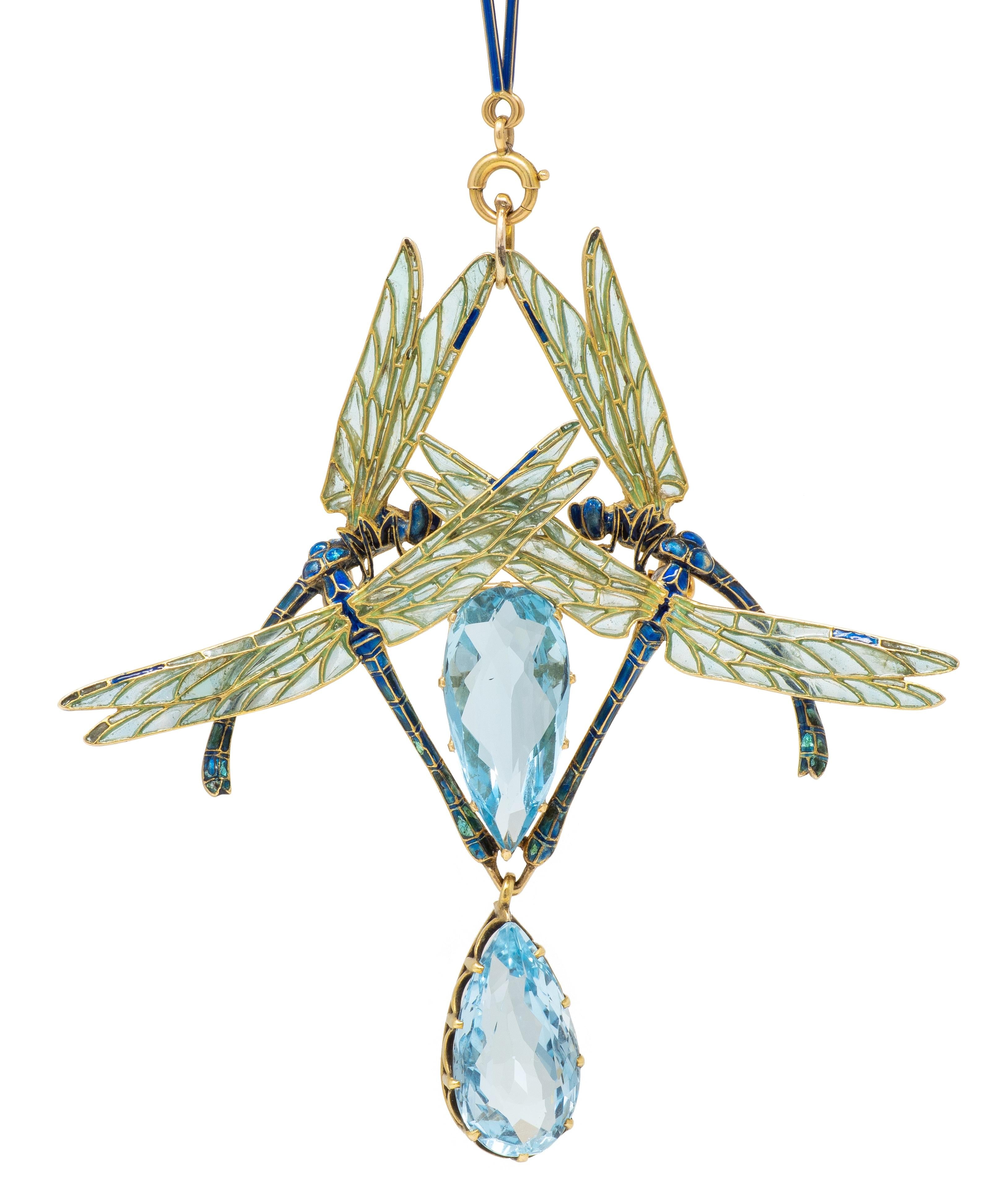 Rene Lalique 1903 Aquamarine Enamel 18K Gold Antique Four Dragonflies Necklace