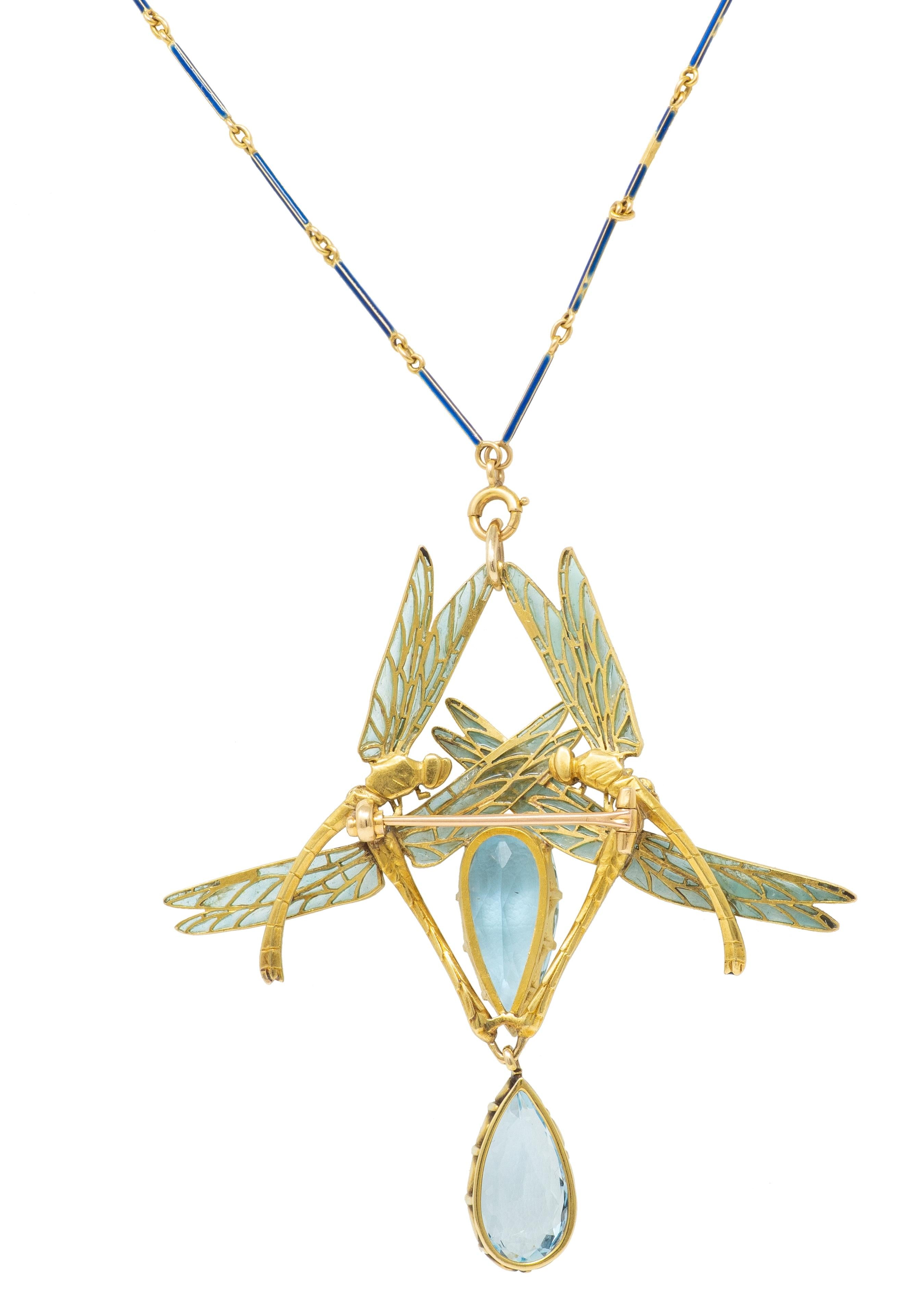 Rene Lalique 1903 Aquamarine Enamel 18K Gold Antique Four Dragonflies Necklace