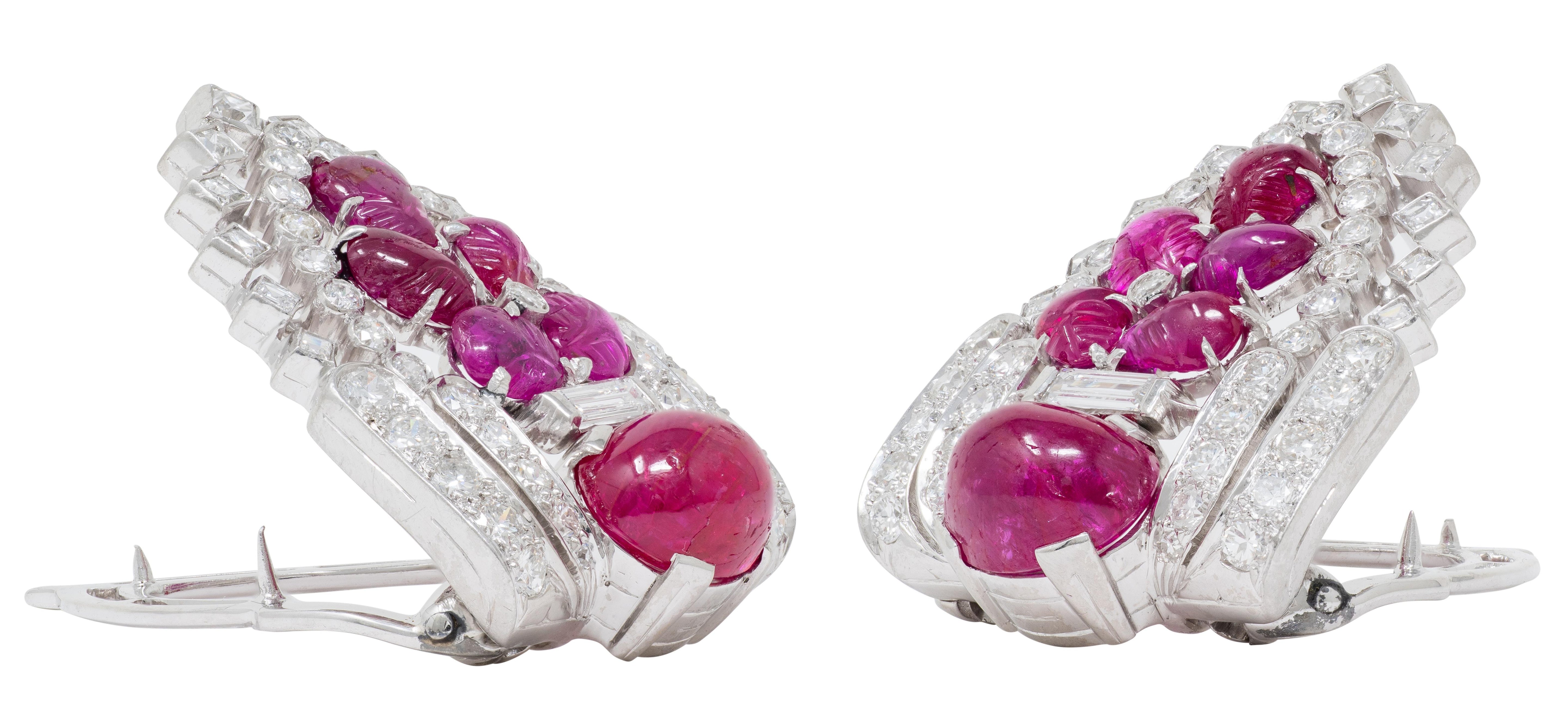 Art Deco Ruby Diamond Platinum Vintage Tutti Frutti Streamlined Brooch Clips