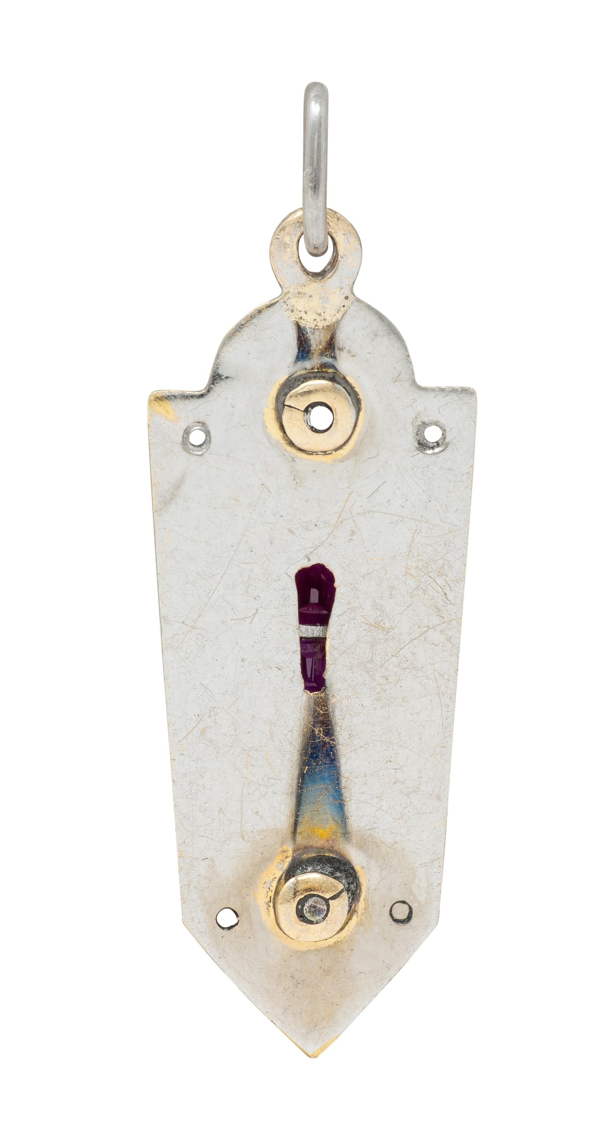 Art Deco Diamond Ruby Enamel 18 Karat White Gold Vintage Torch Charm