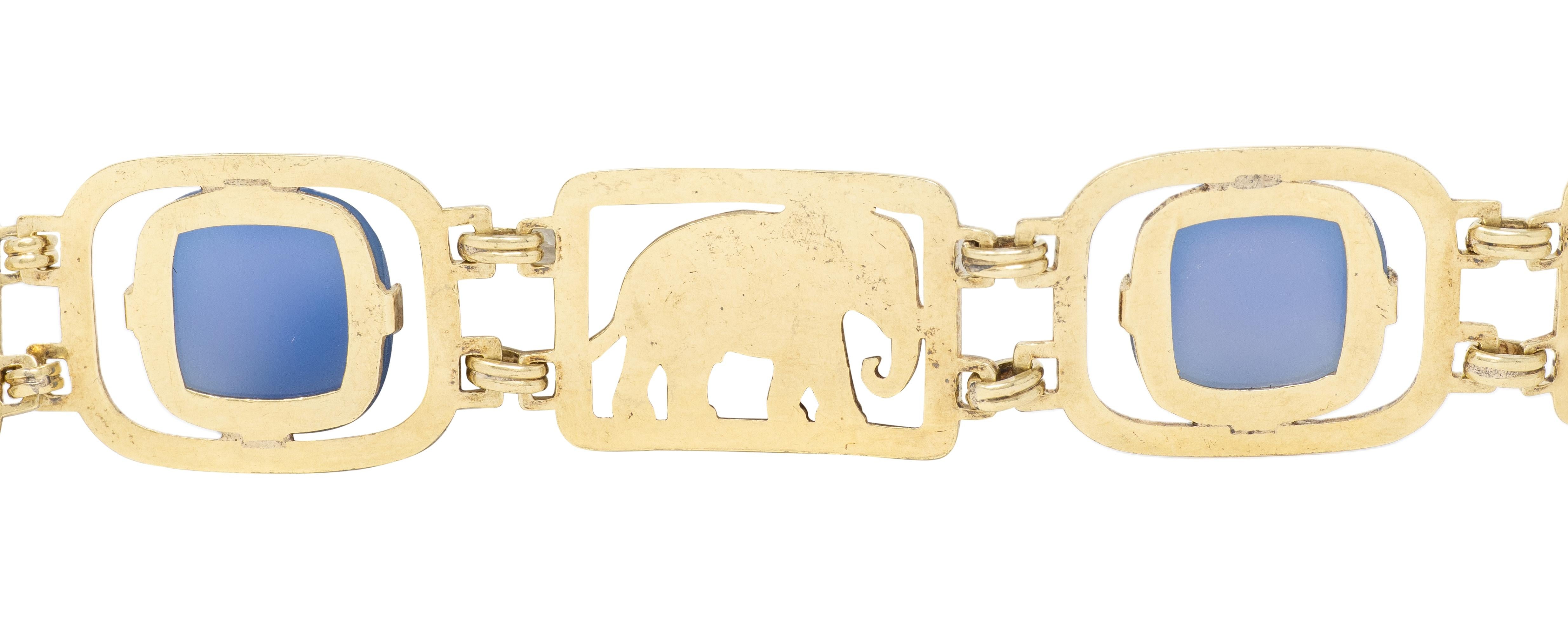 Carter Gough & Co. Art Deco Blue Chalcedony 14K Gold Vintage Elephant Bracelet