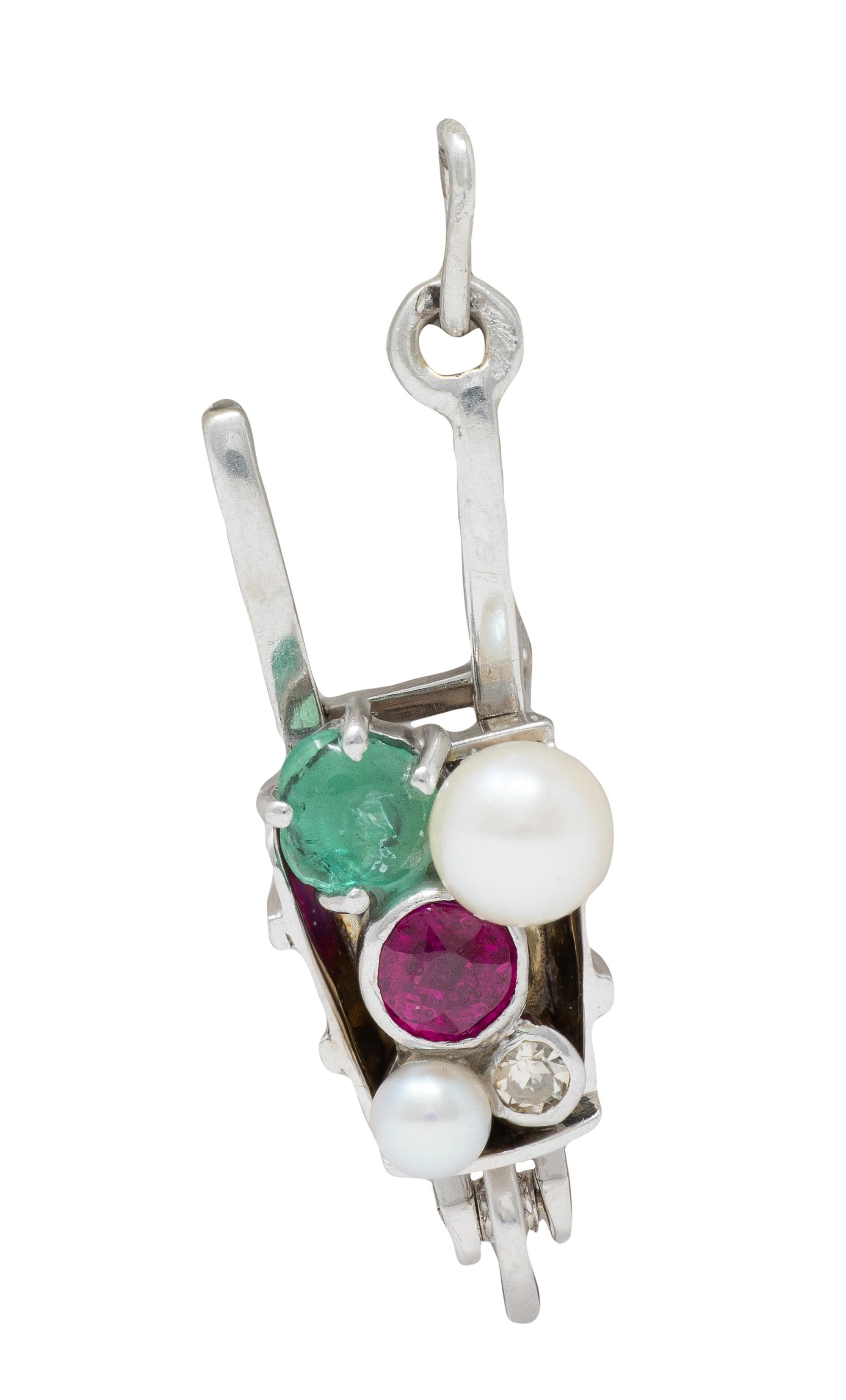 Art Deco French Multi-Gem 18 Karat White Gold Vintage Wheel Barrow Charm