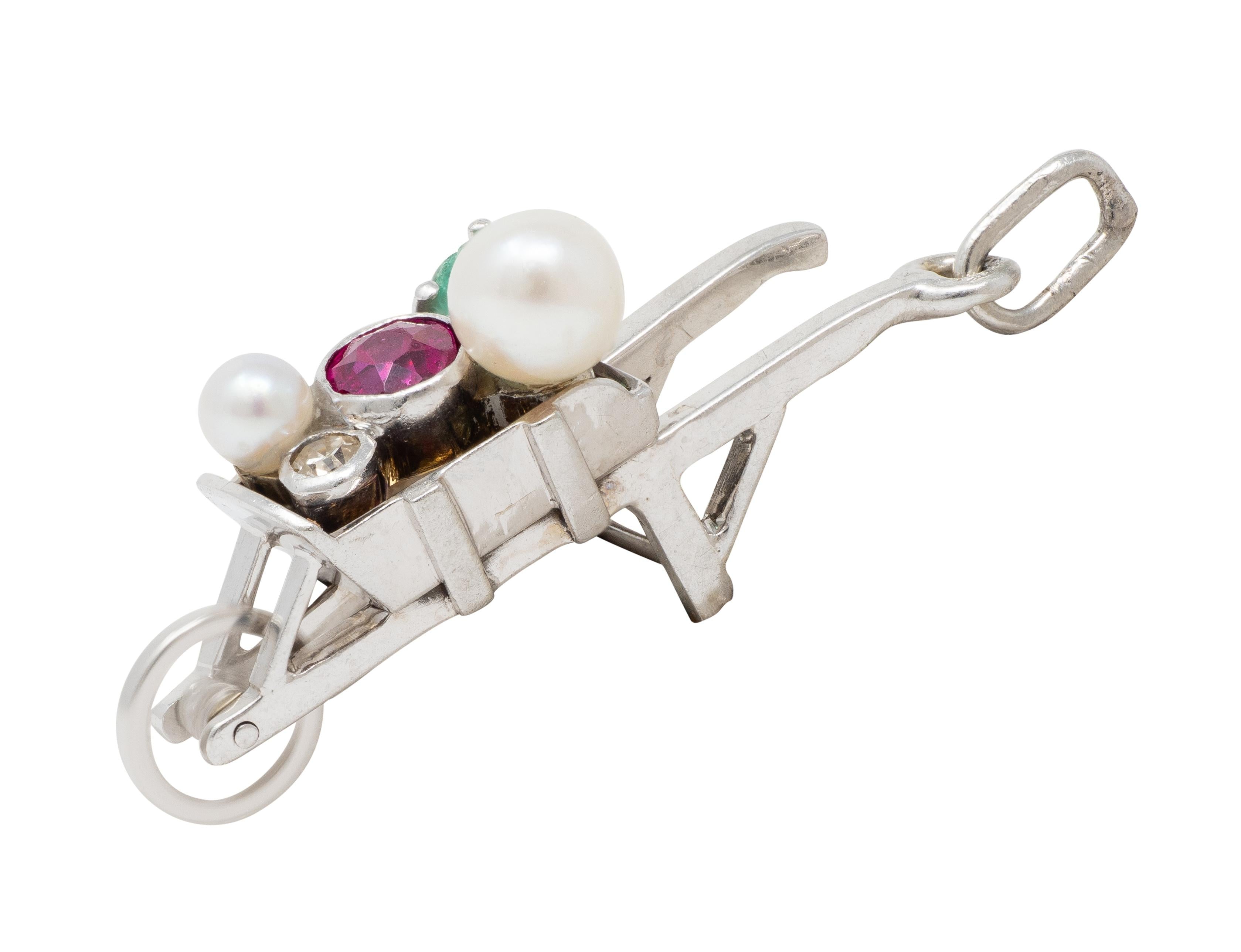 Art Deco French Multi-Gem 18 Karat White Gold Vintage Wheel Barrow Charm