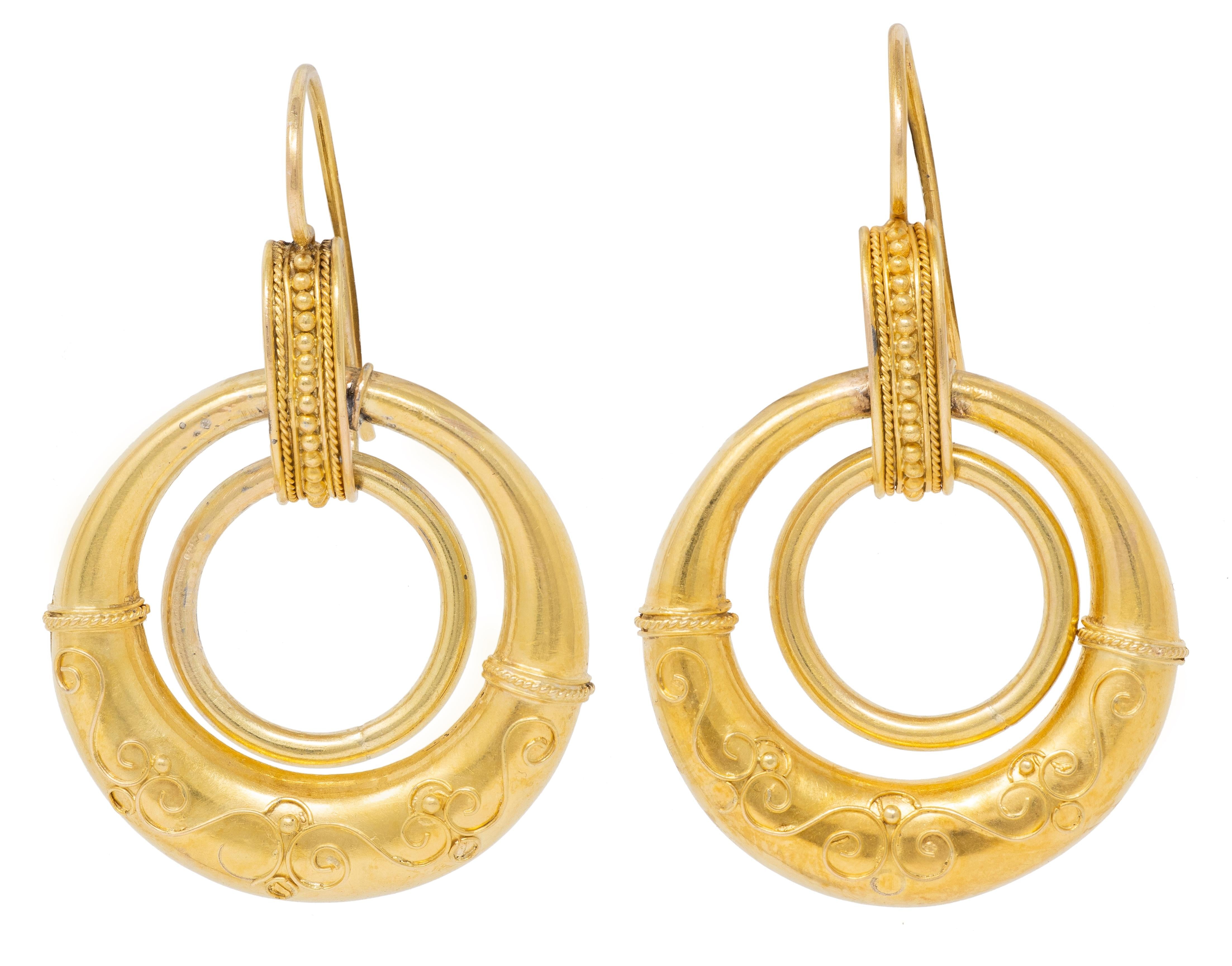 Victorian Etruscan Revival 14K Yellow Gold Antique Filigree Hoop Drop Earrings