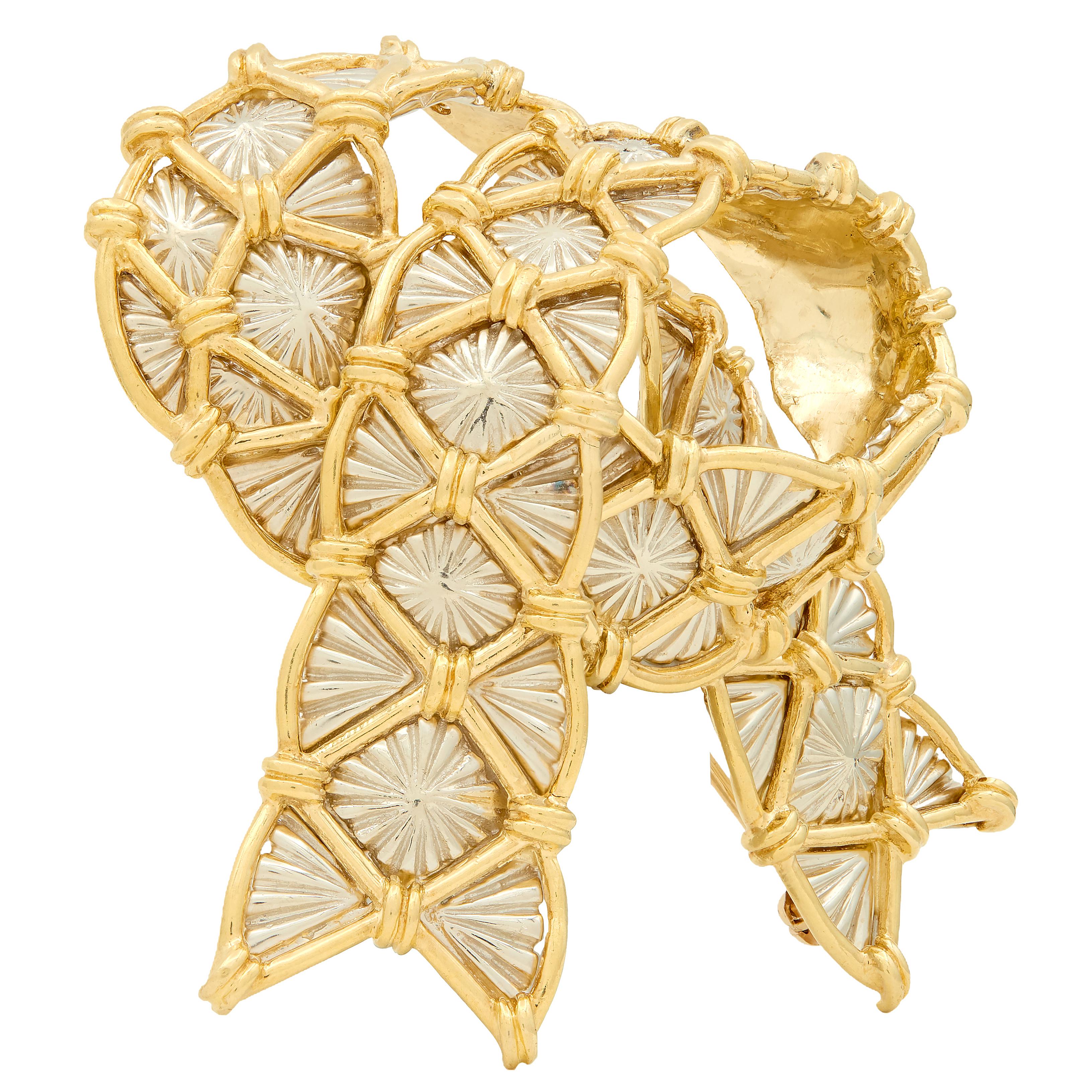 Cartier 1950's 18 Karat Two-Tone Yellow White Gold Vintage Ribbon Brooch