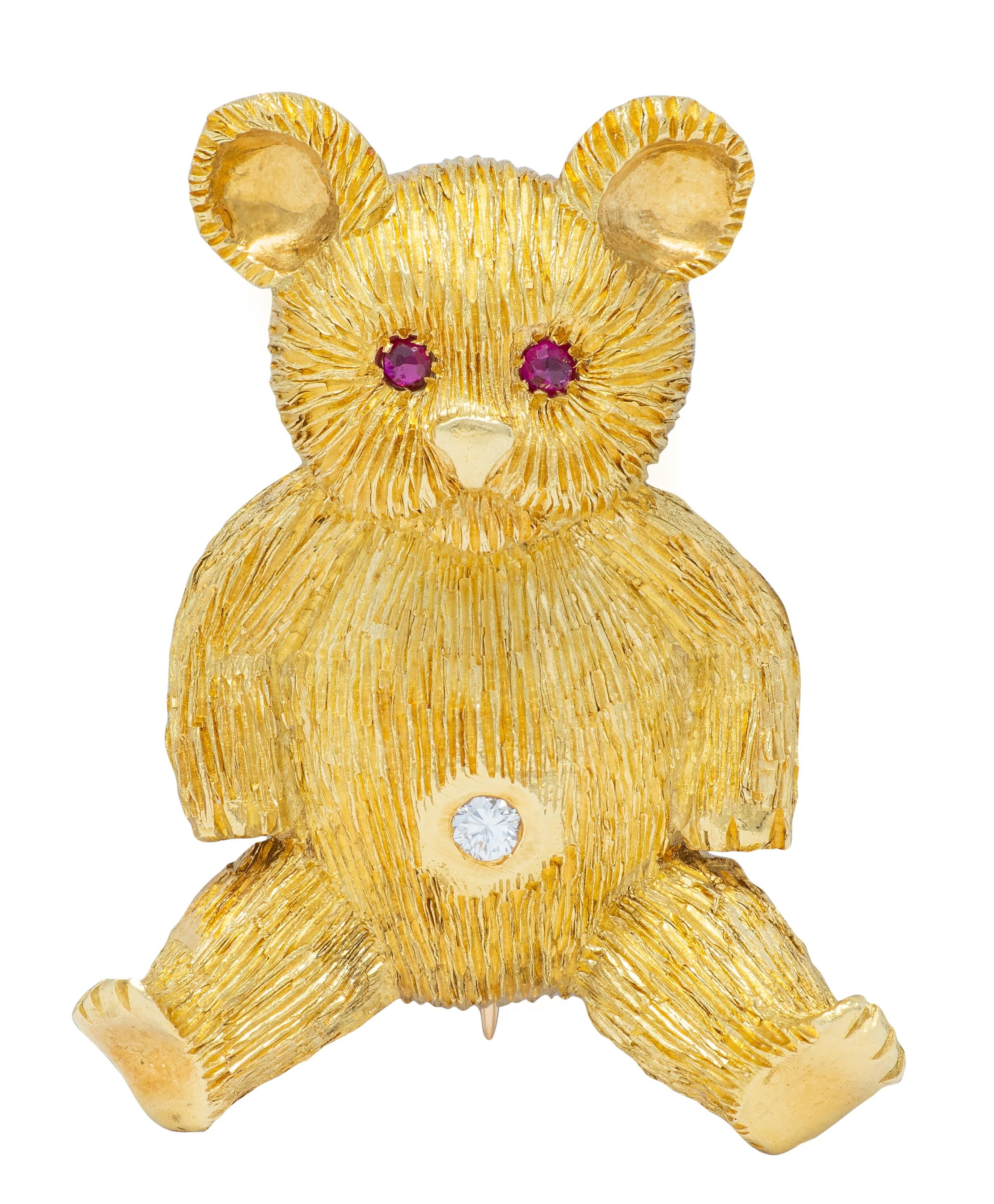 George Lederman 1960's Ruby Diamond 18K Yellow Gold Vintage Teddy Bear Brooch