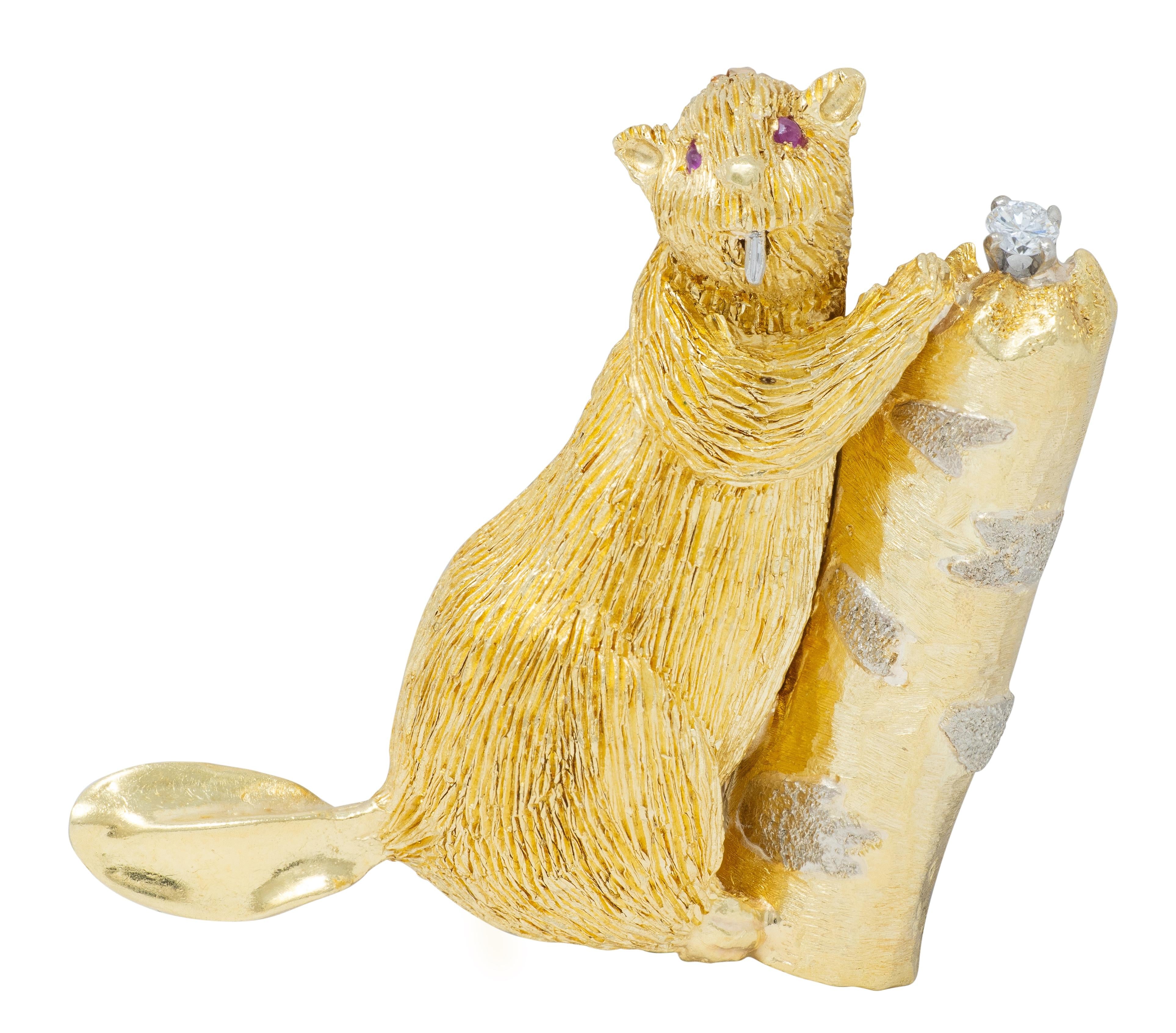 George Lederman 1960's Ruby Diamond 18 Karat Two-Tone Gold Vintage Beaver Brooch