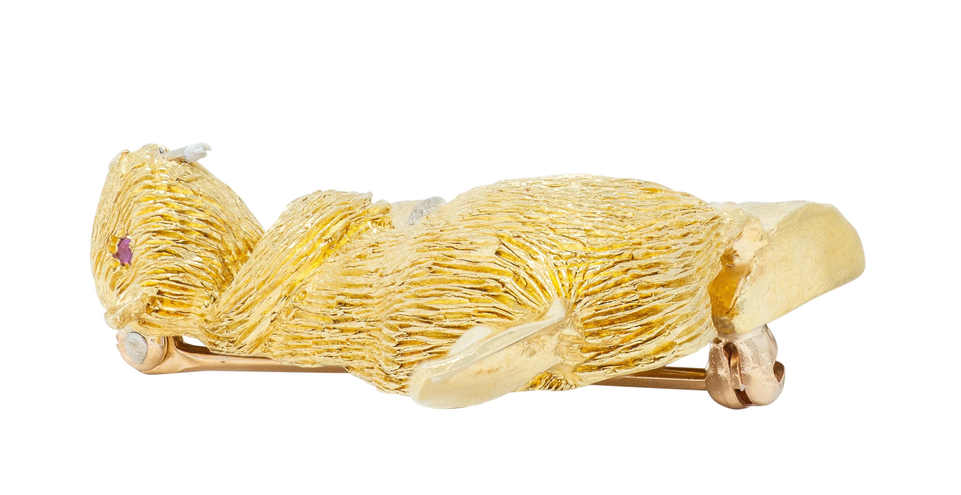 George Lederman 1960's Ruby Diamond 18 Karat Two-Tone Gold Vintage Beaver Brooch