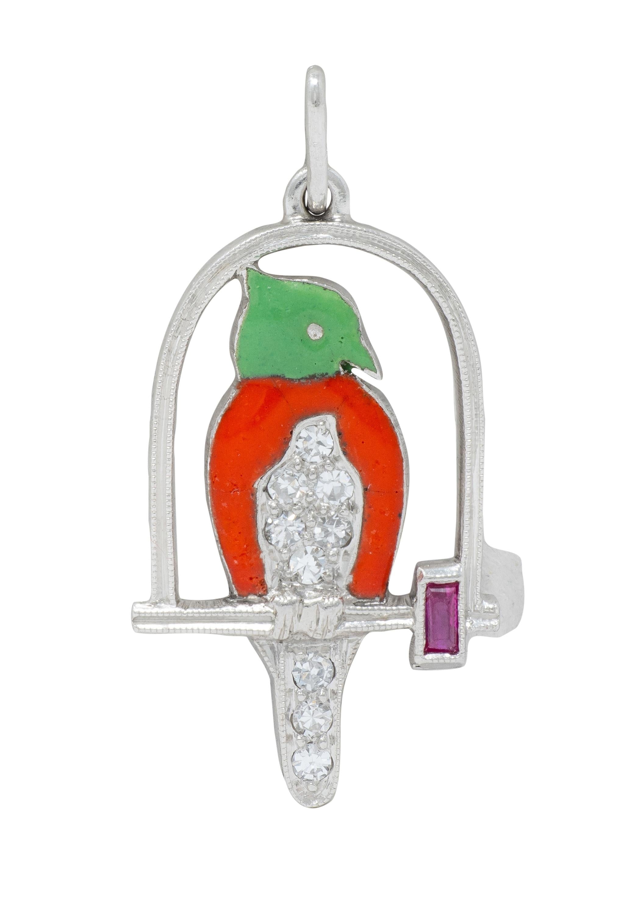 Art Deco Diamond Ruby Enamel Platinum Vintage Bird On A Swing Charm