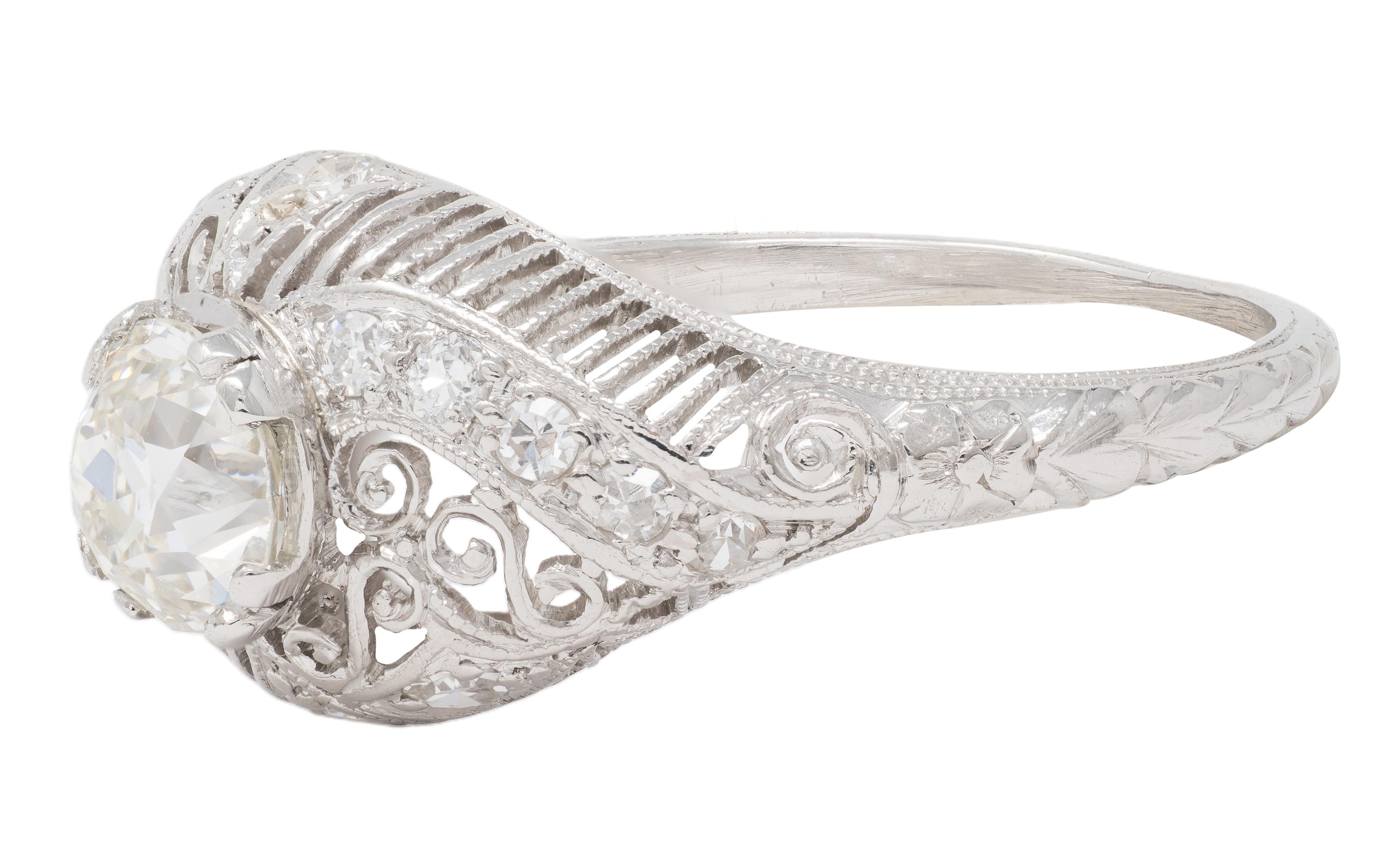 Edwardian 1.25 CTW Mine Diamond Platinum Scrolled Filigree Engagement Ring GIA