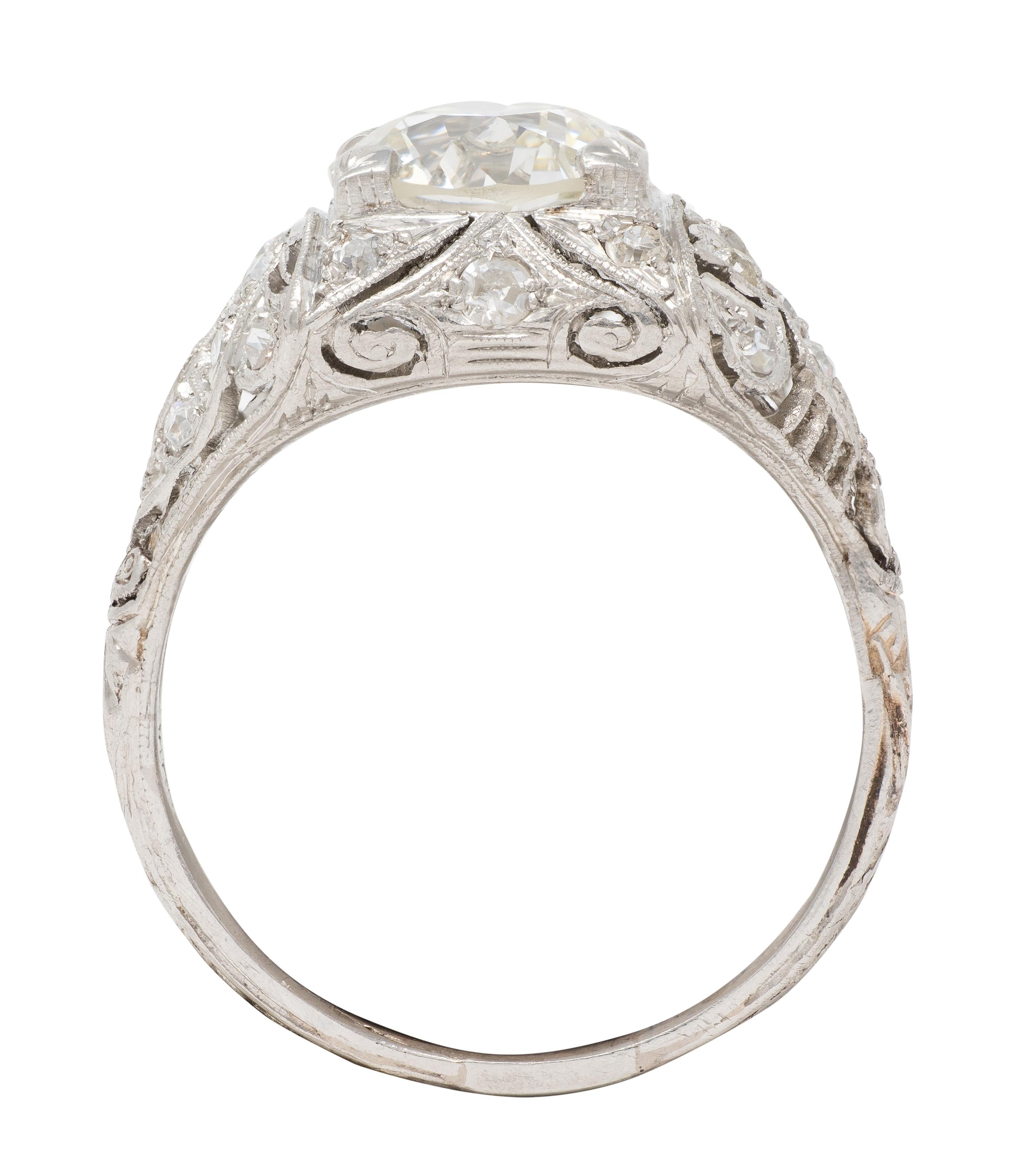 Art Deco 2.03 CTW Old European Diamond Platinum Foliate Vintage Engagement Ring