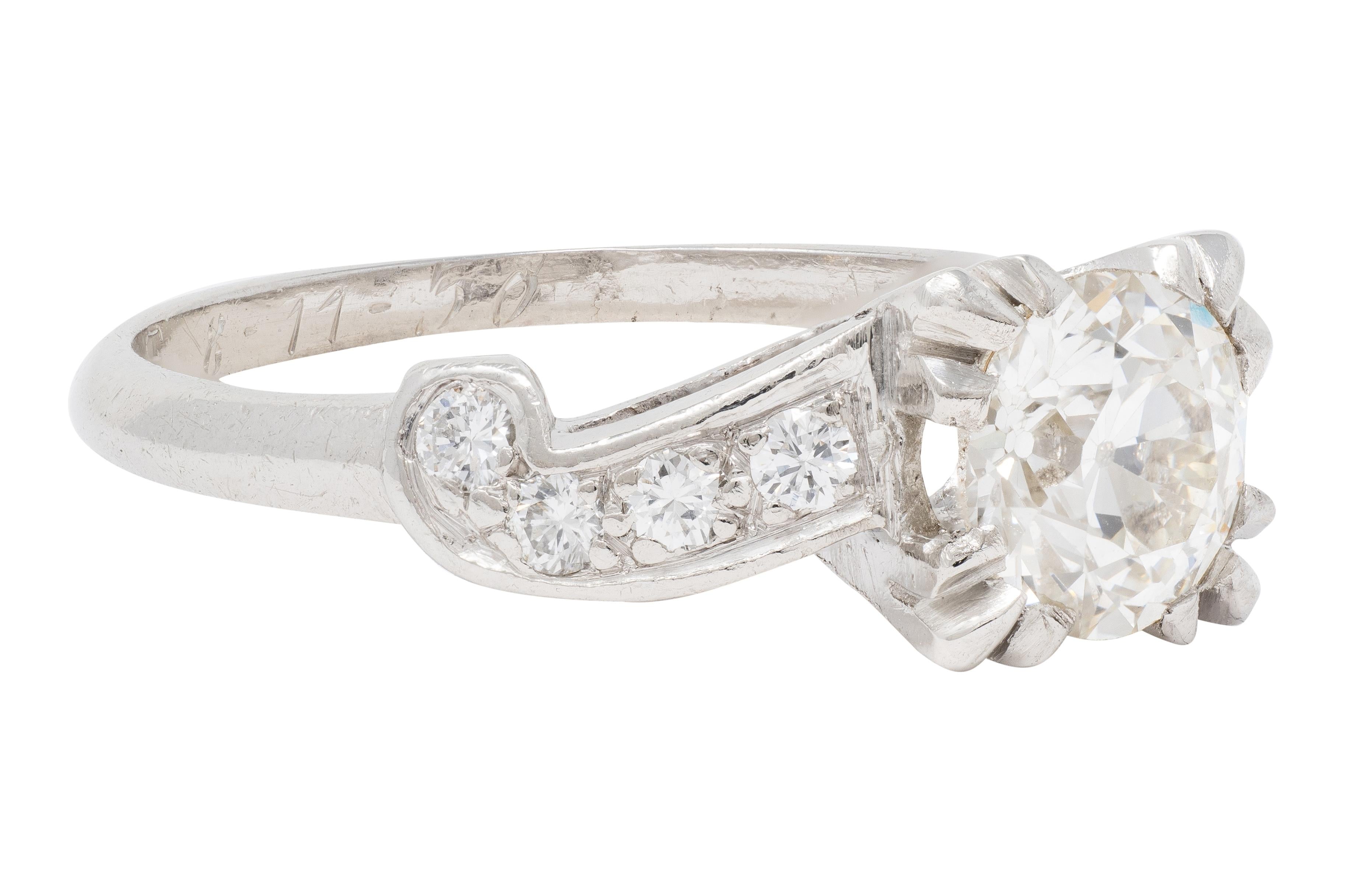 Mid-Century 1.11 CTW Diamond Platinum Scrolling Ribbon Vintage Engagement Ring