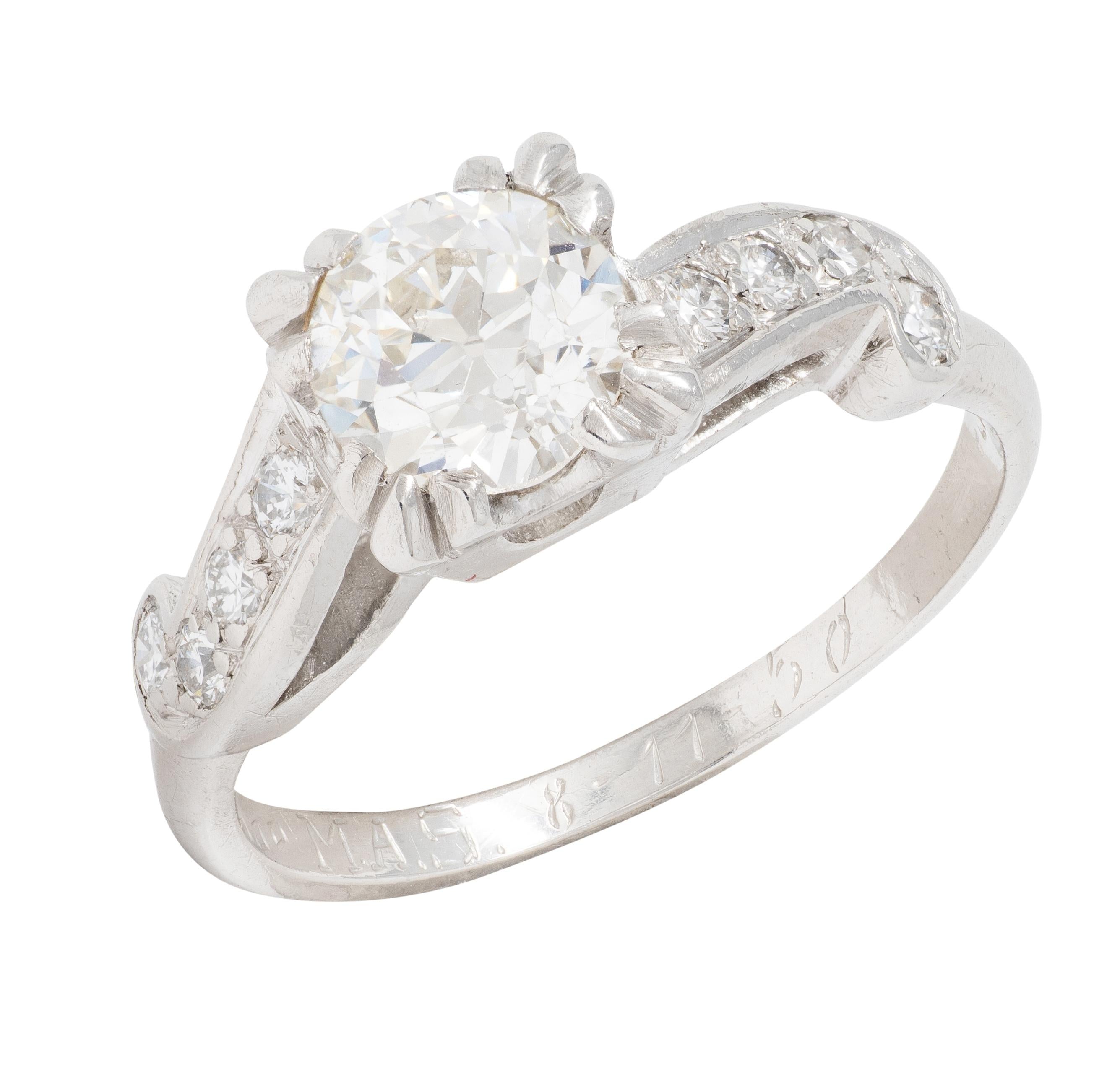 Mid-Century 1.11 CTW Diamond Platinum Scrolling Ribbon Vintage Engagement Ring