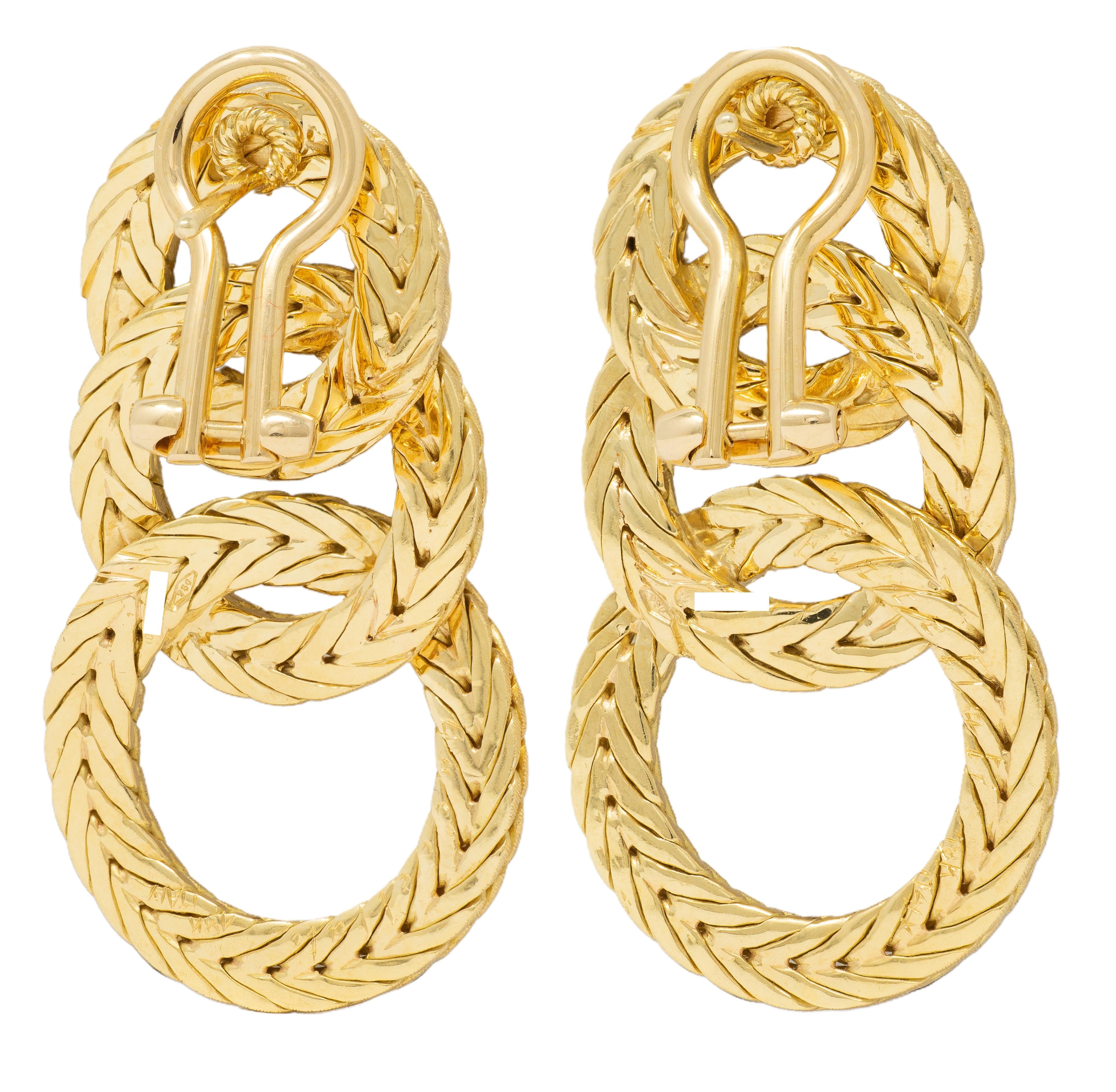 Buccellati 1970's 18K Gold Vintage Herringbone Chain Triple Hoop Drop Earrings