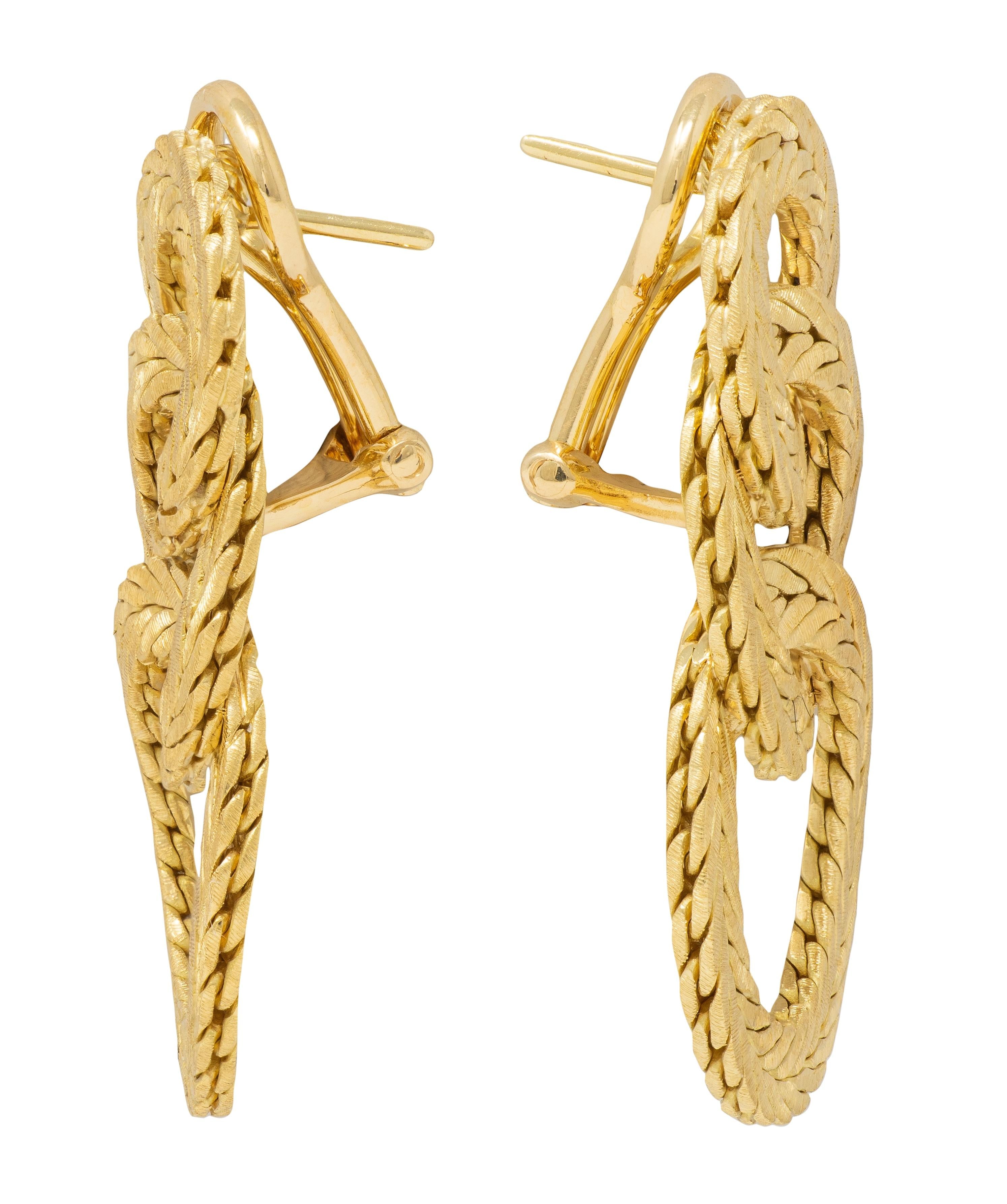 Buccellati 1970's 18K Gold Vintage Herringbone Chain Triple Hoop Drop Earrings