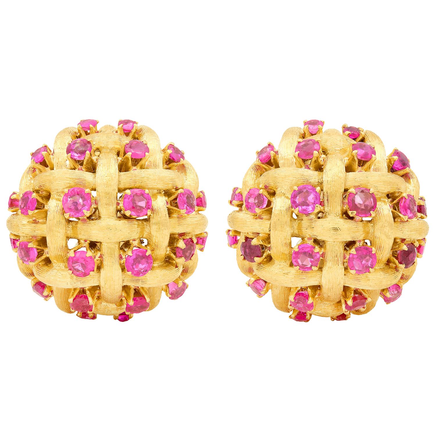 Tiffany & Co. 1970's Ruby 18 Karat Yellow Gold Vintage Woven Dome Earrings