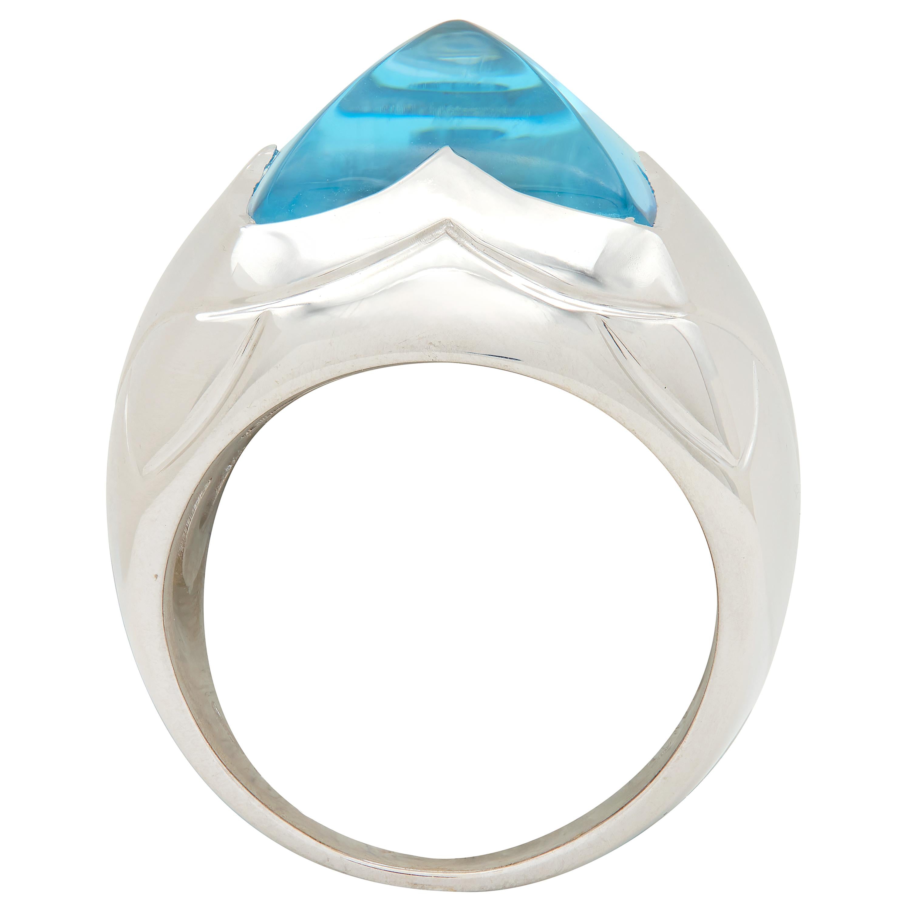 Bulgari Blue Topaz 18 Karat White Gold Pyramid Quatrefoil Dome Ring