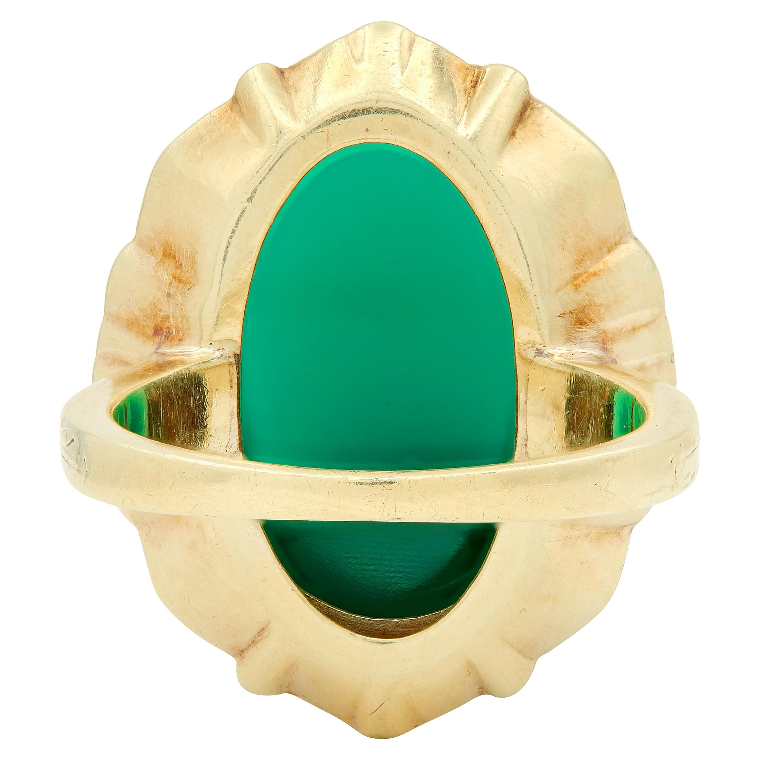 Early Art Deco Chalcedony Enamel 14 Karat Yellow Gold Antique Cocktail Ring