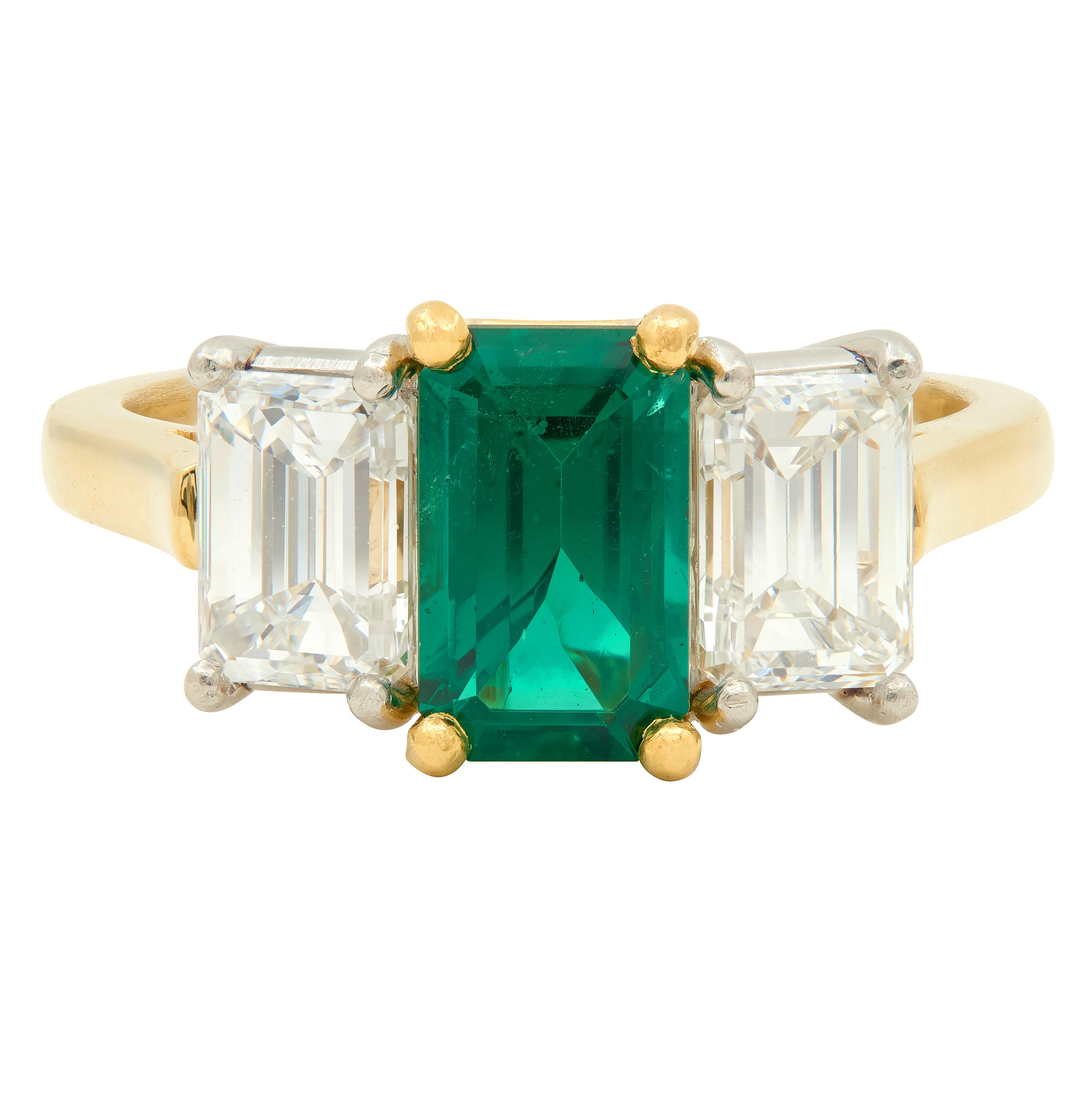 1990's 3.36 CTW No-Oil Emerald Diamond 18K Gold Platinum Three Stone Ring GIA