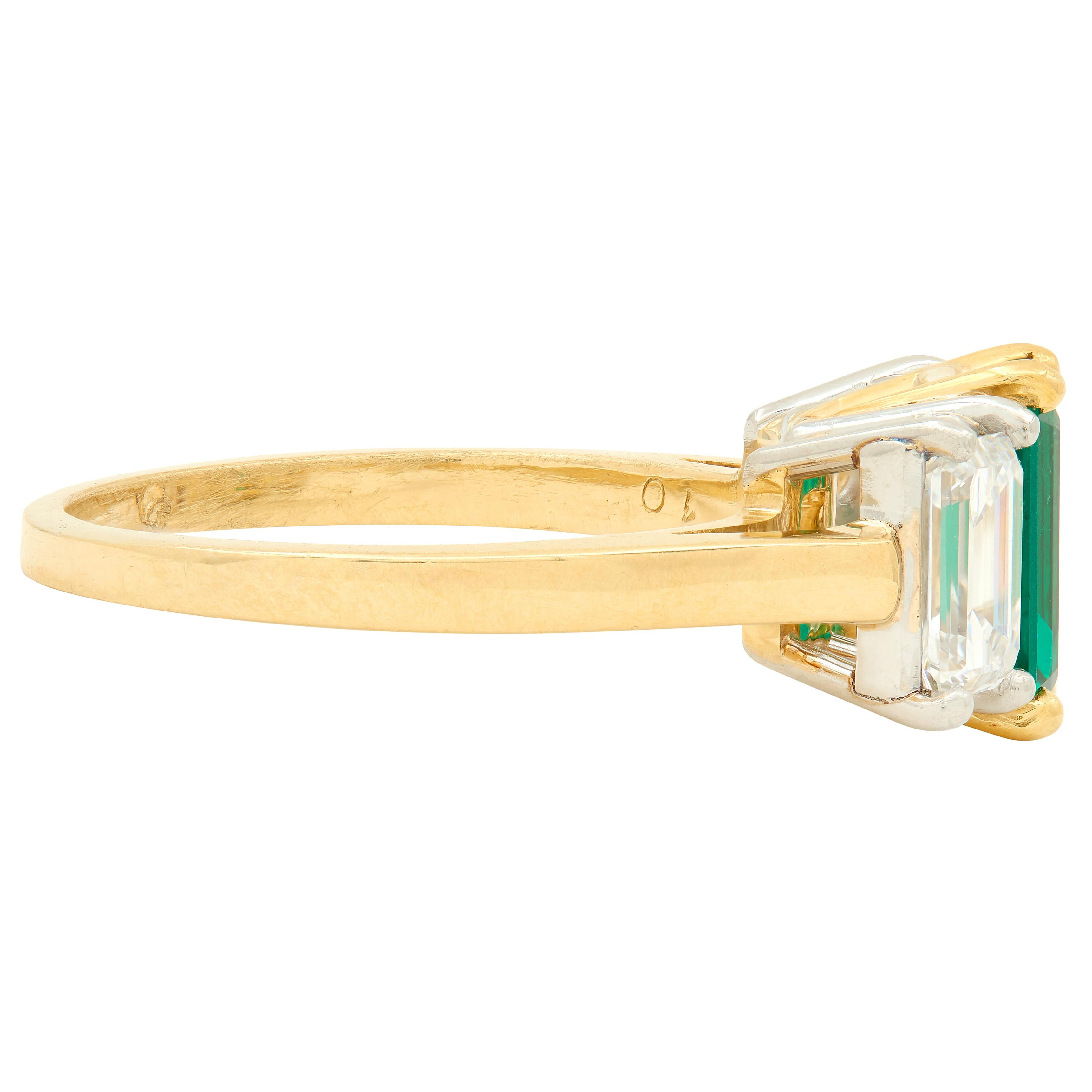 1990's 3.36 CTW No-Oil Emerald Diamond 18K Gold Platinum Three Stone Ring GIA