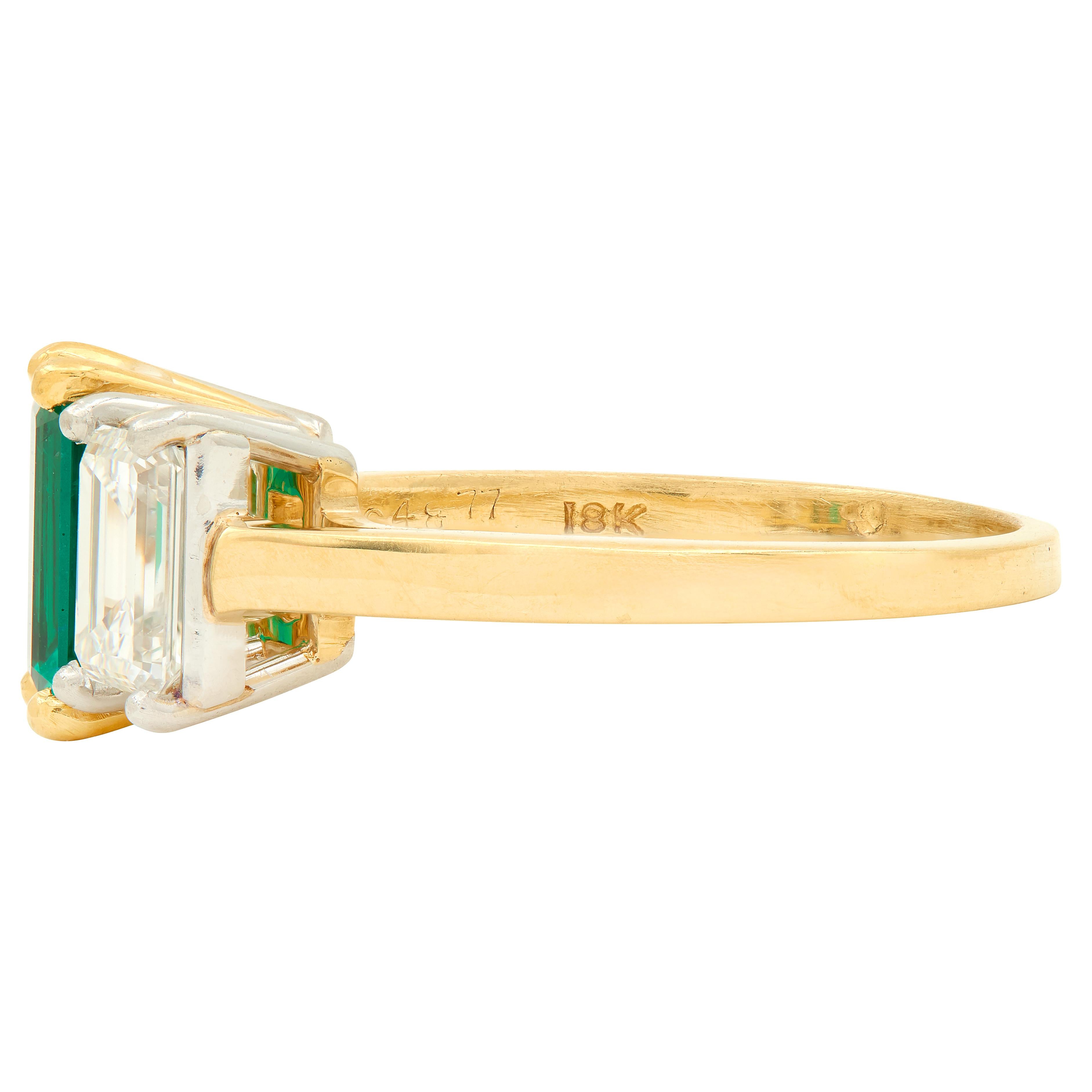 1990's 3.36 CTW No-Oil Emerald Diamond 18K Gold Platinum Three Stone Ring GIA