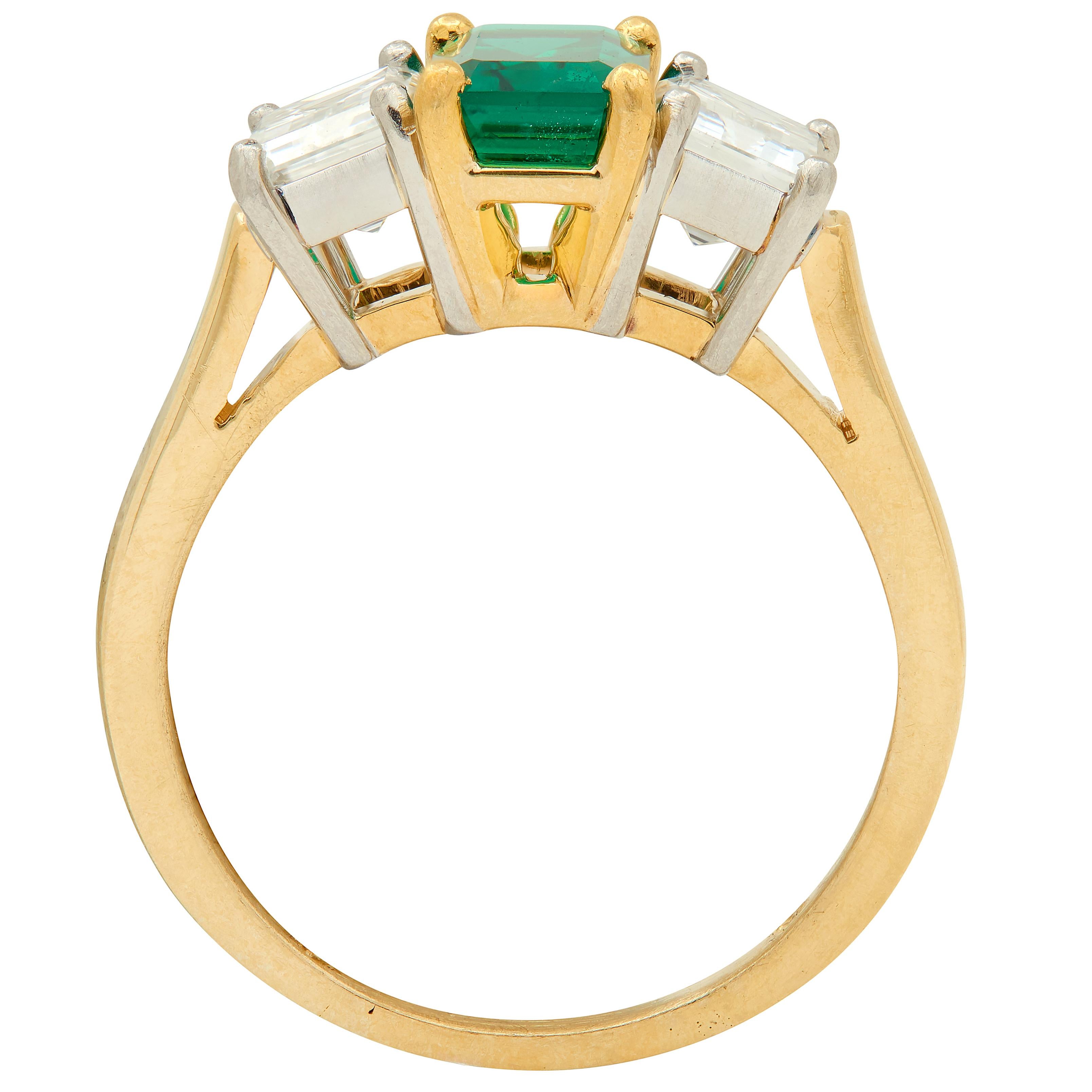 1990's 3.36 CTW No-Oil Emerald Diamond 18K Gold Platinum Three Stone Ring GIA