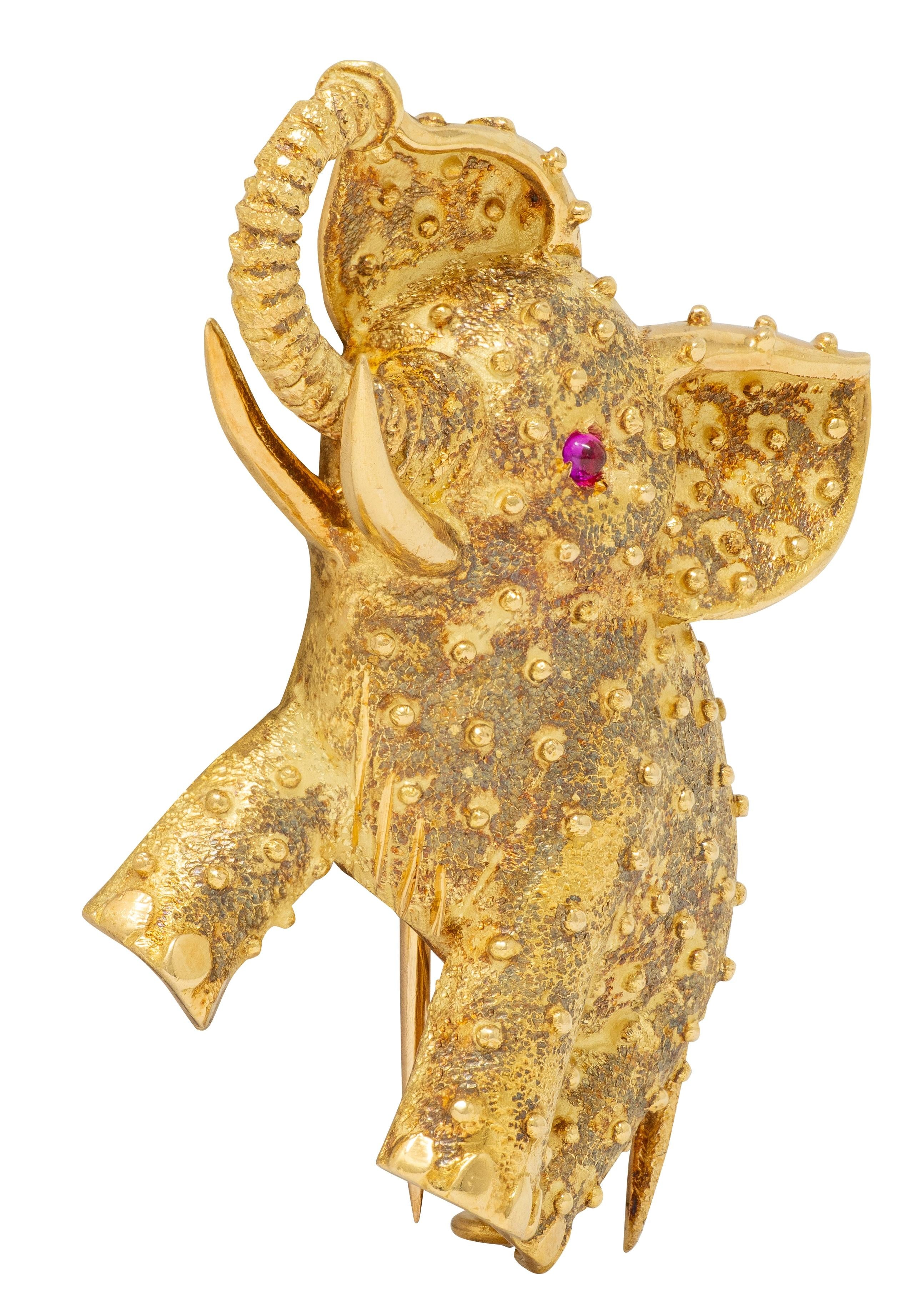 Cartier French 1960's Ruby 18 Karat Yellow Gold Vintage Elephant Brooch