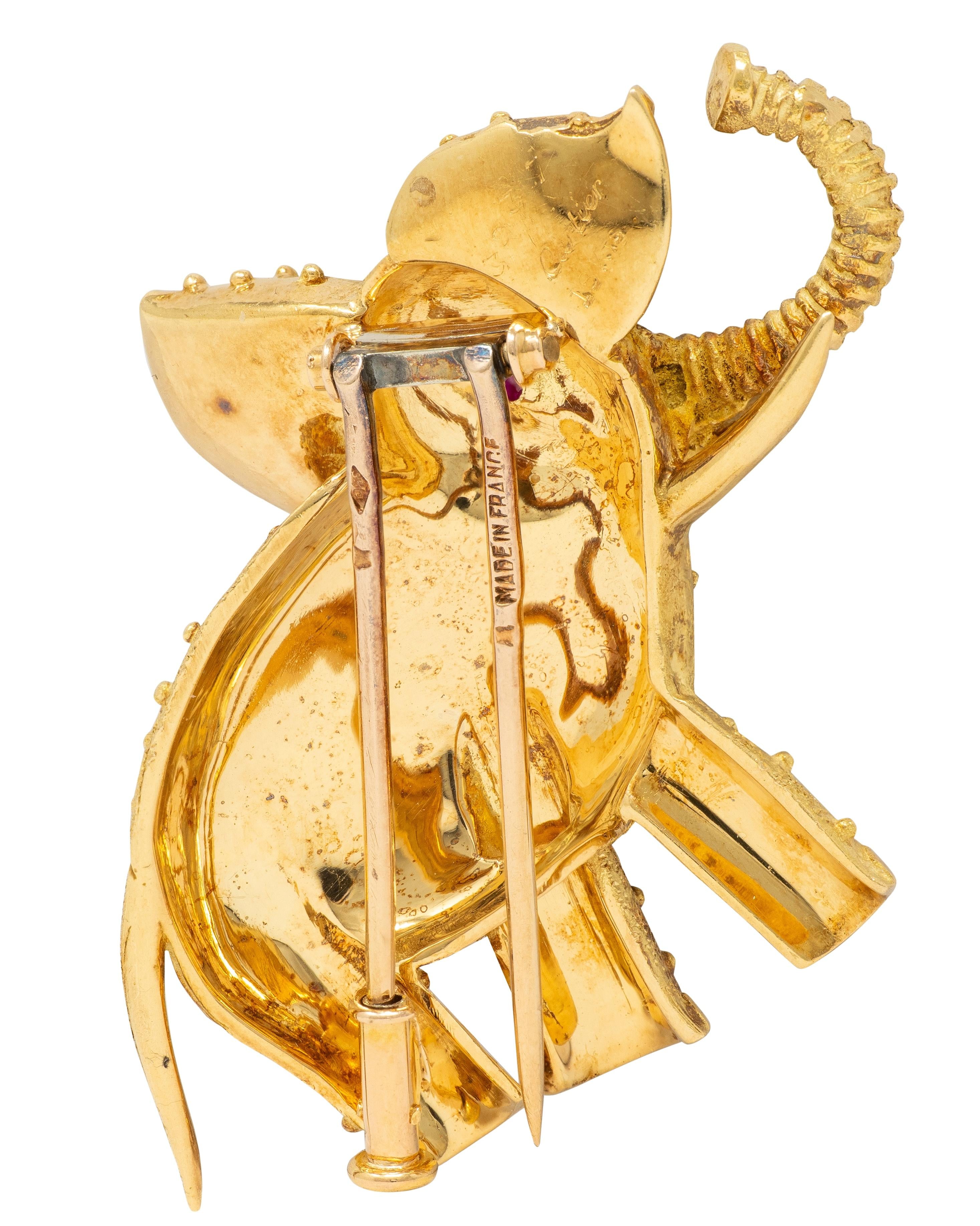 Cartier French 1960's Ruby 18 Karat Yellow Gold Vintage Elephant Brooch