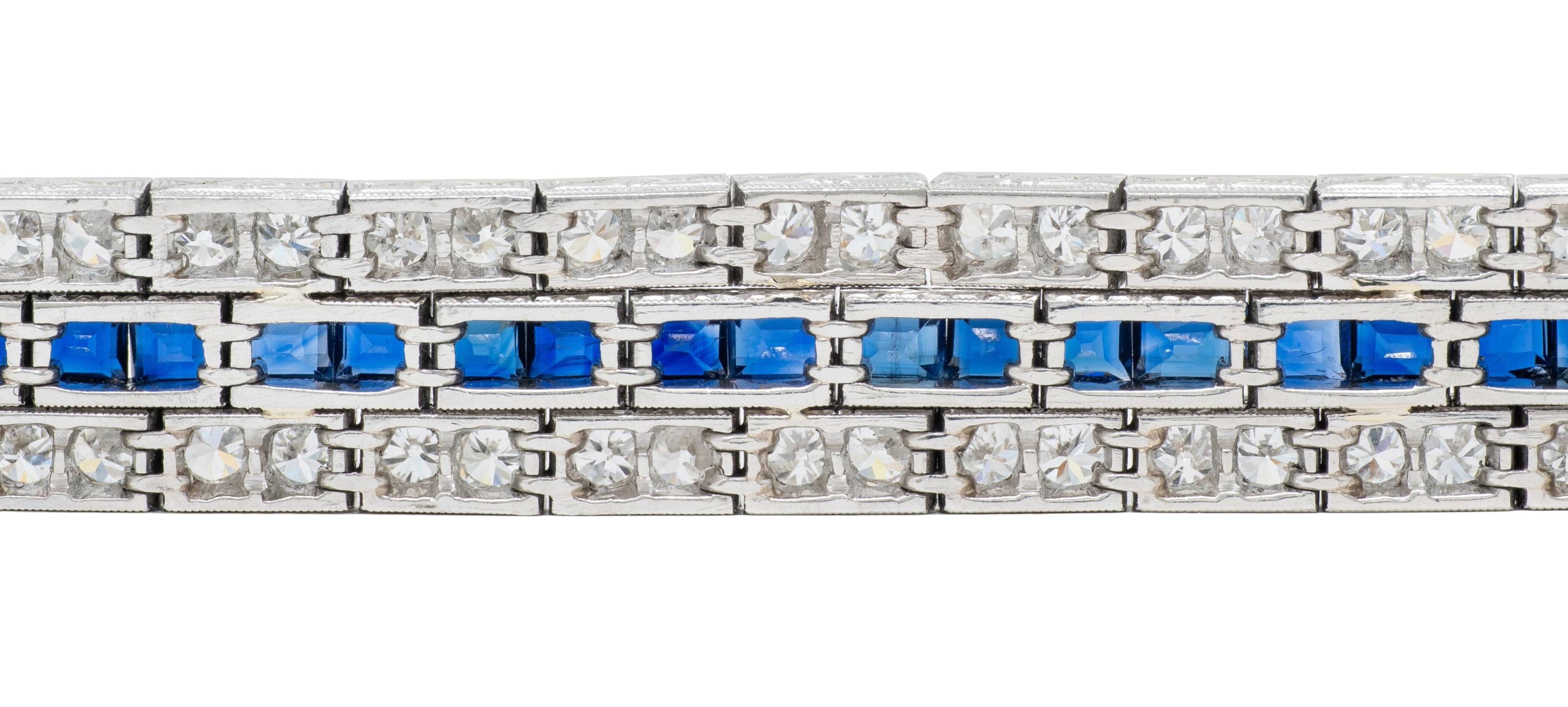 Art Deco 16.80 CTW Diamond Sapphire Platinum Foliate Vintage Line Bracelet