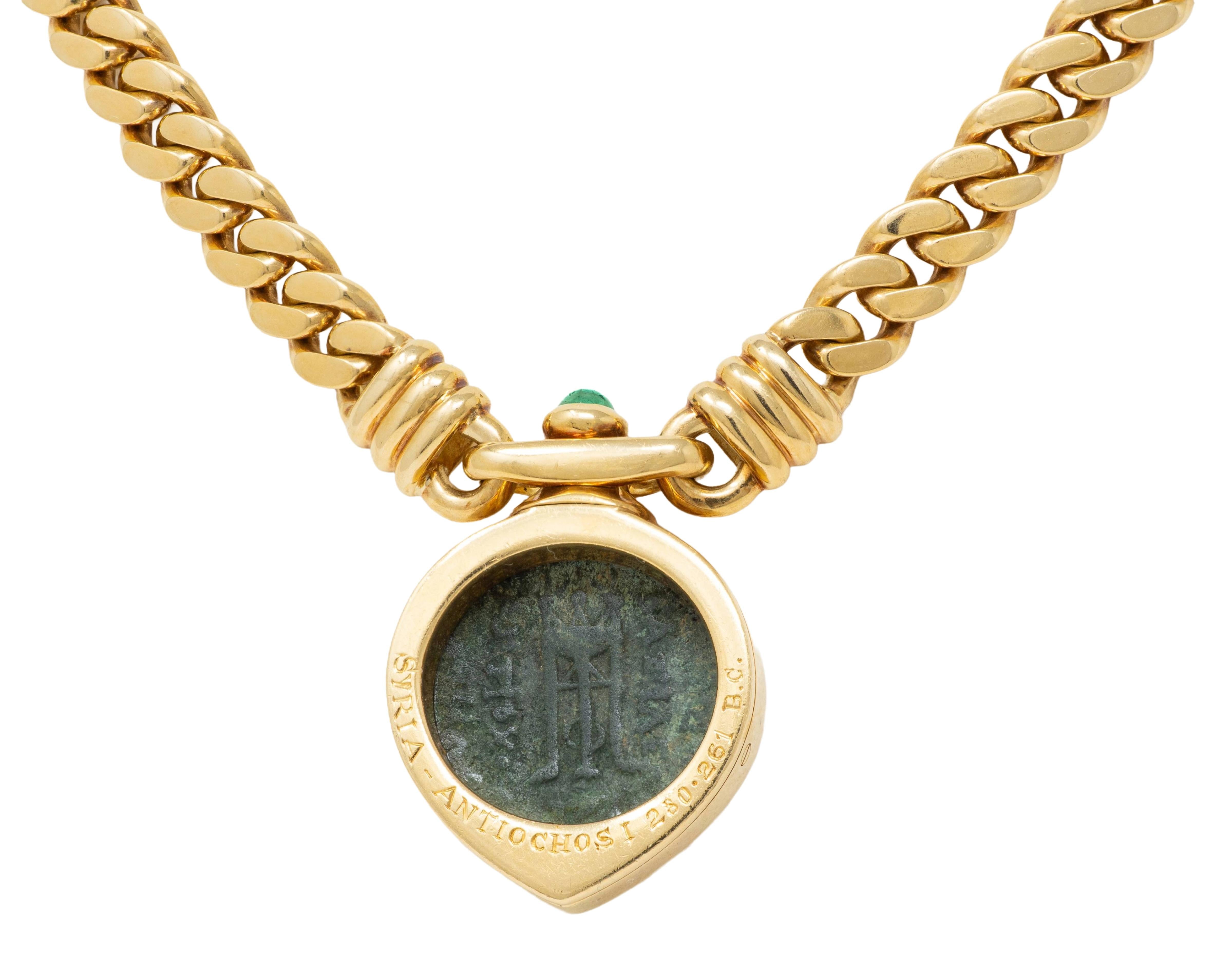Bulgari 1980's Ancient Coin Emerald 18K Yellow Gold Vintage Monete Necklace