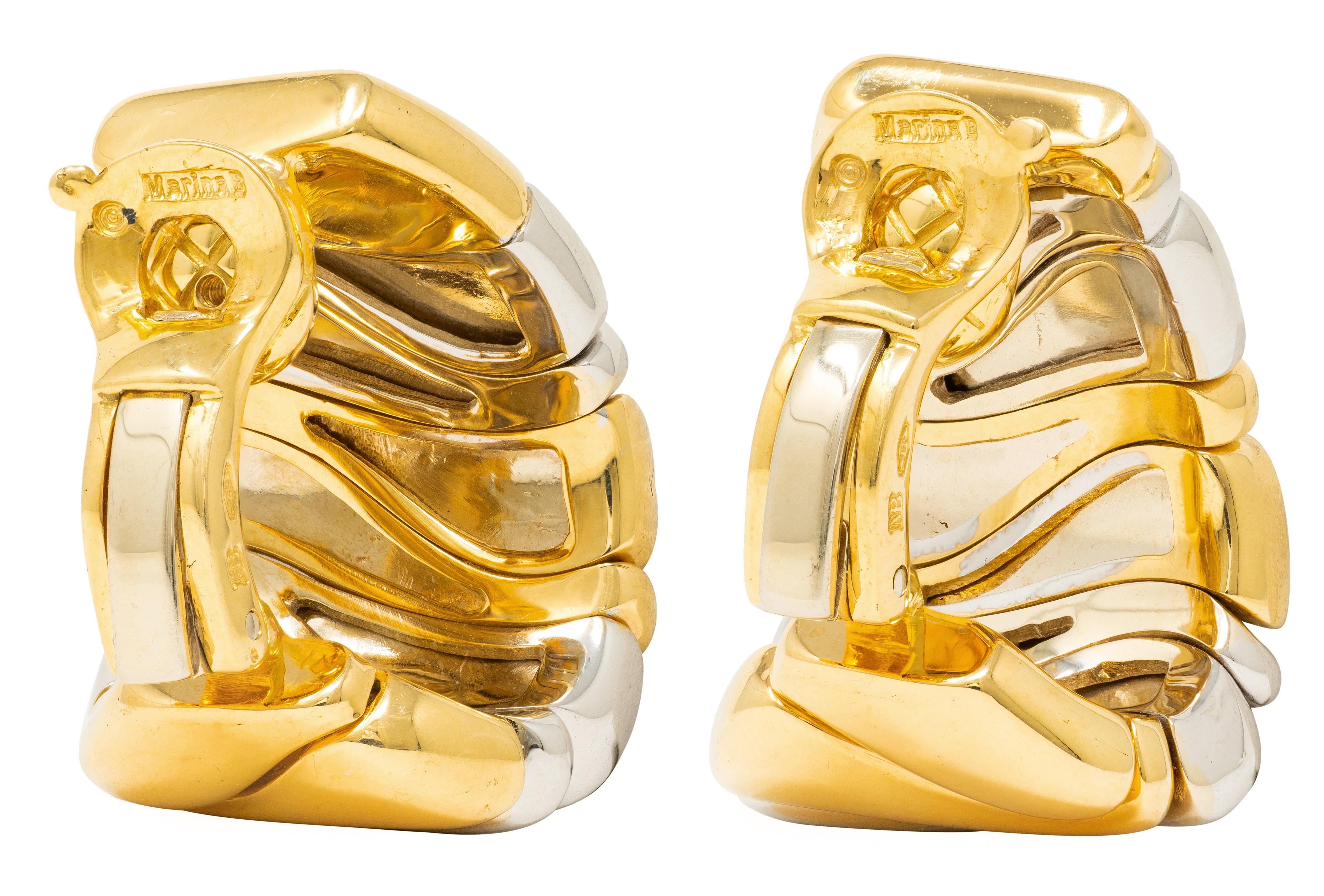 Marina B. 1990s 18 Karat Gold Wavy Vintage Milano-Karen J-Hoop Ear-Clip Earrings