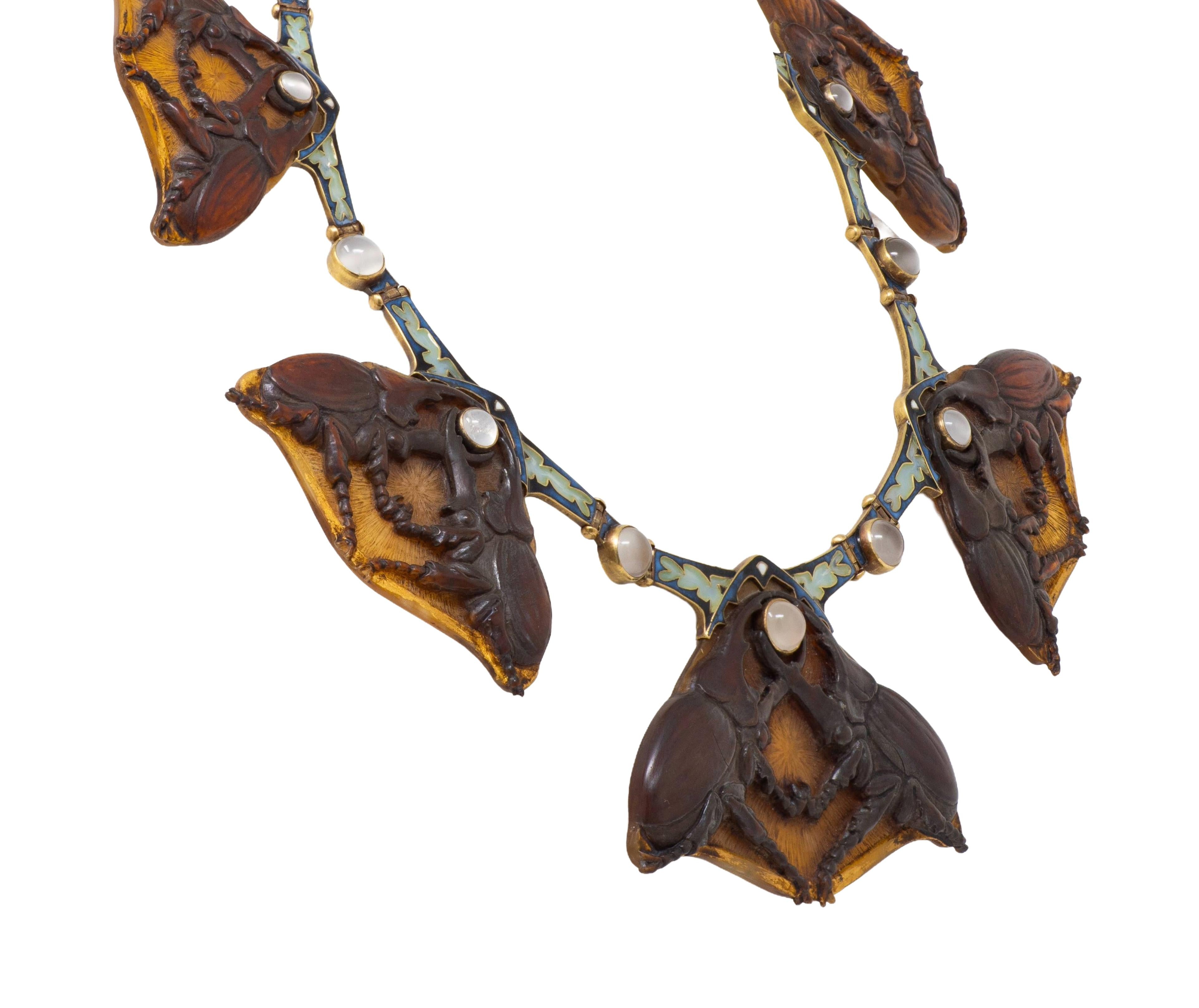 Lalique Moonstone Horn Enamel 18 Karat Yellow Gold Antique Stag Beetle Necklace