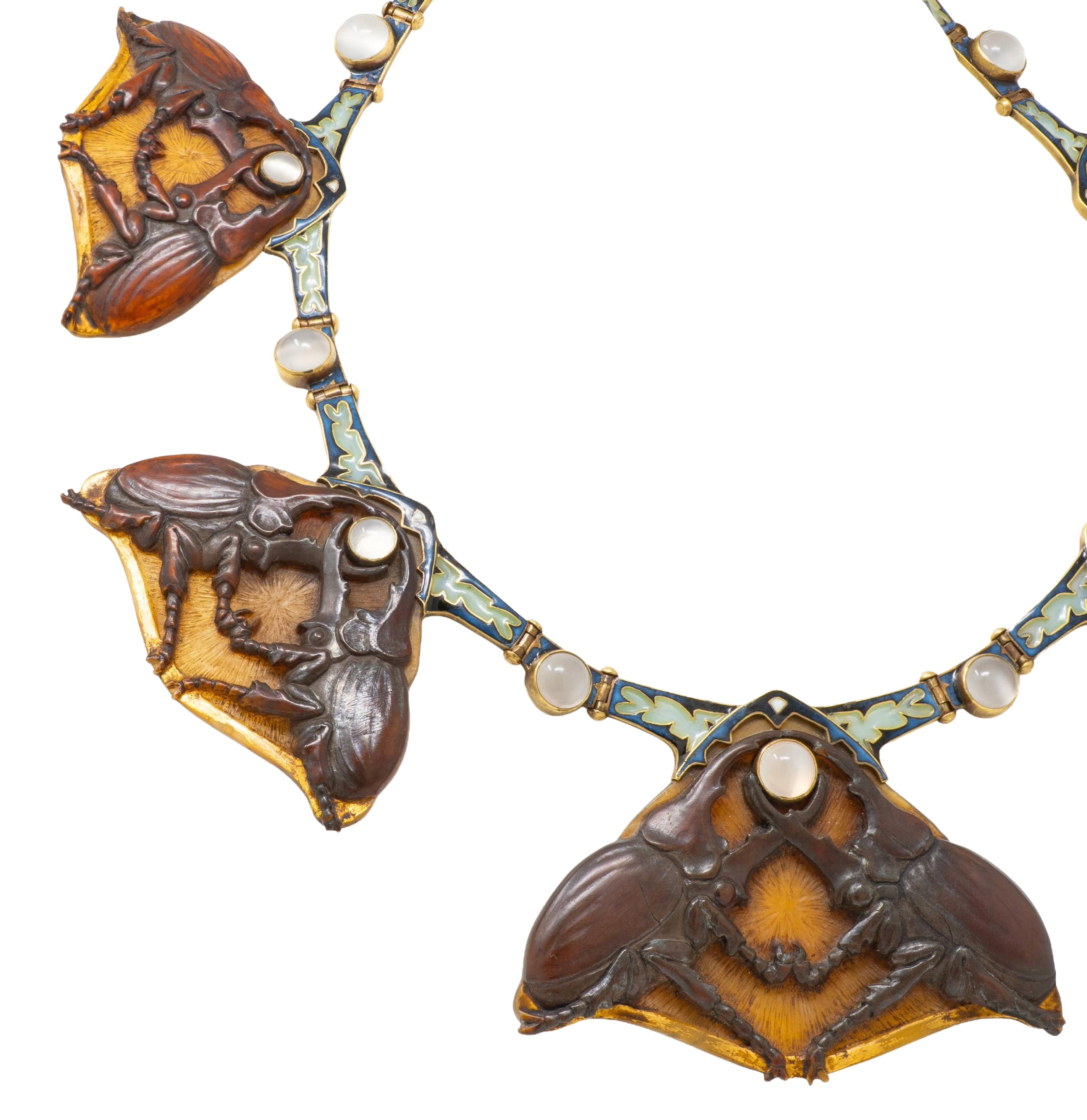 Lalique Moonstone Horn Enamel 18 Karat Yellow Gold Antique Stag Beetle Necklace