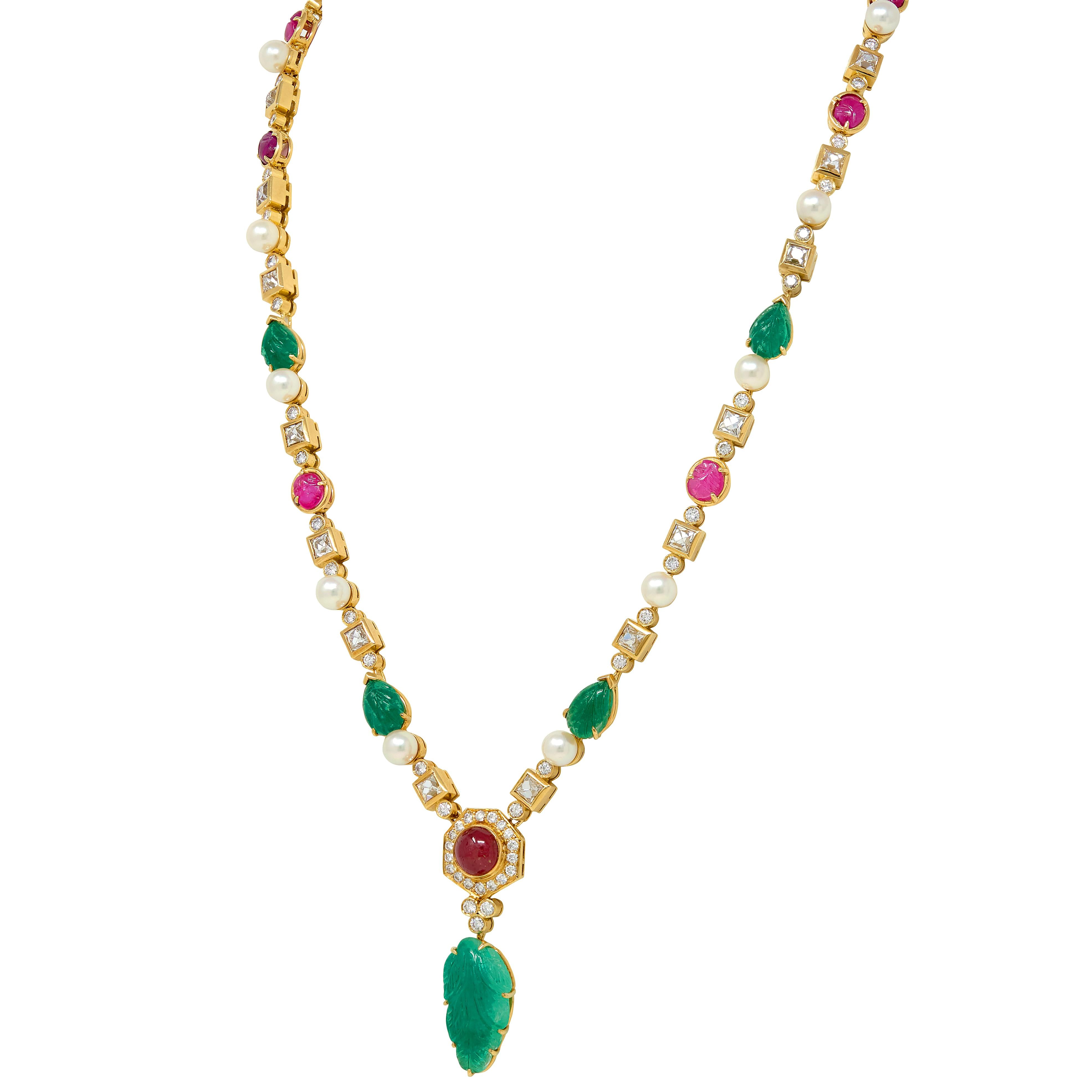 Van Cleef & Arpels 1970s Emerald Diamond Ruby 18K Yellow Gold Vintage Necklace