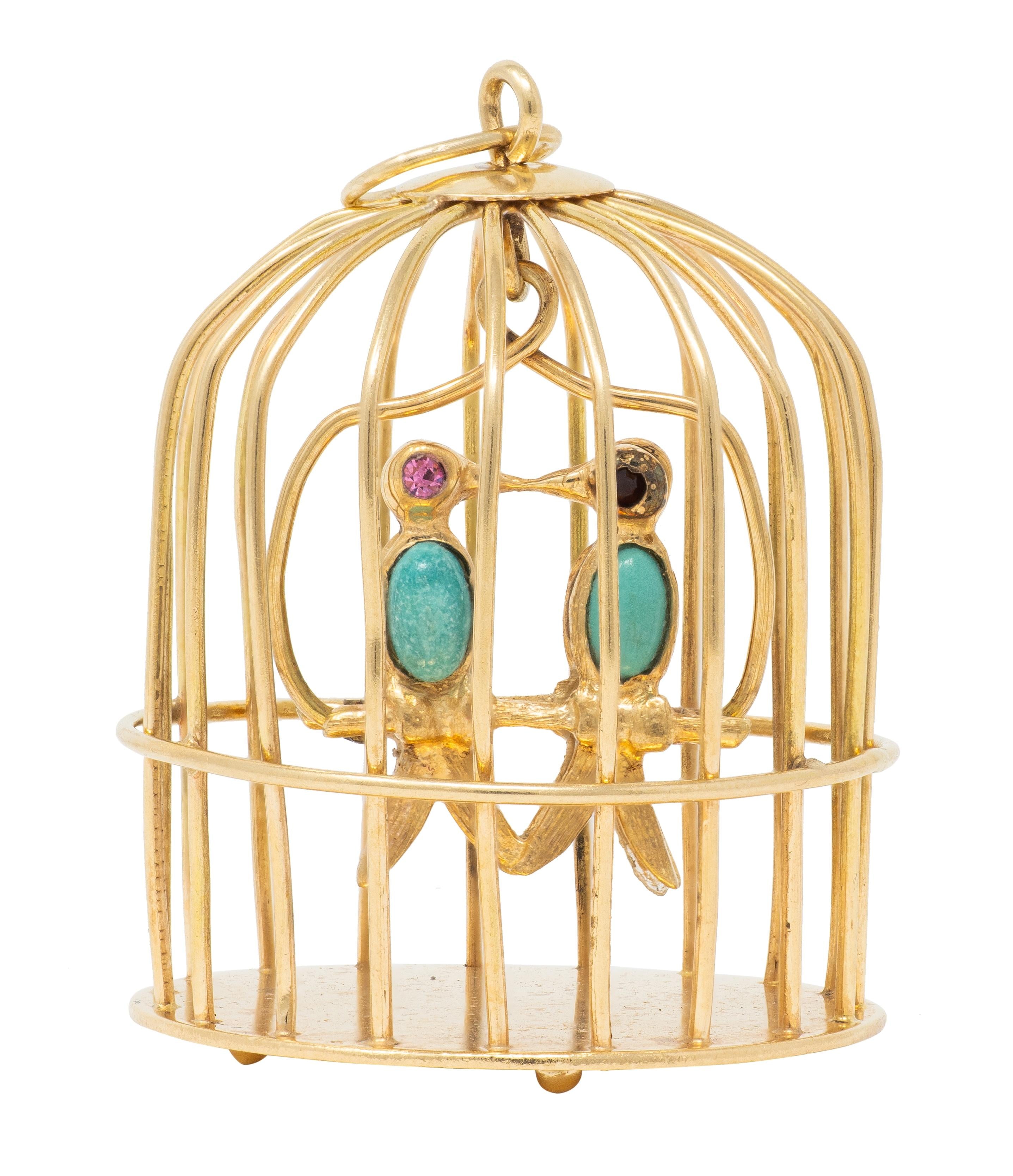 1960's Turquoise Multi-Gem 14 Karat Yellow Gold Vintage Caged Lovebirds Pendant