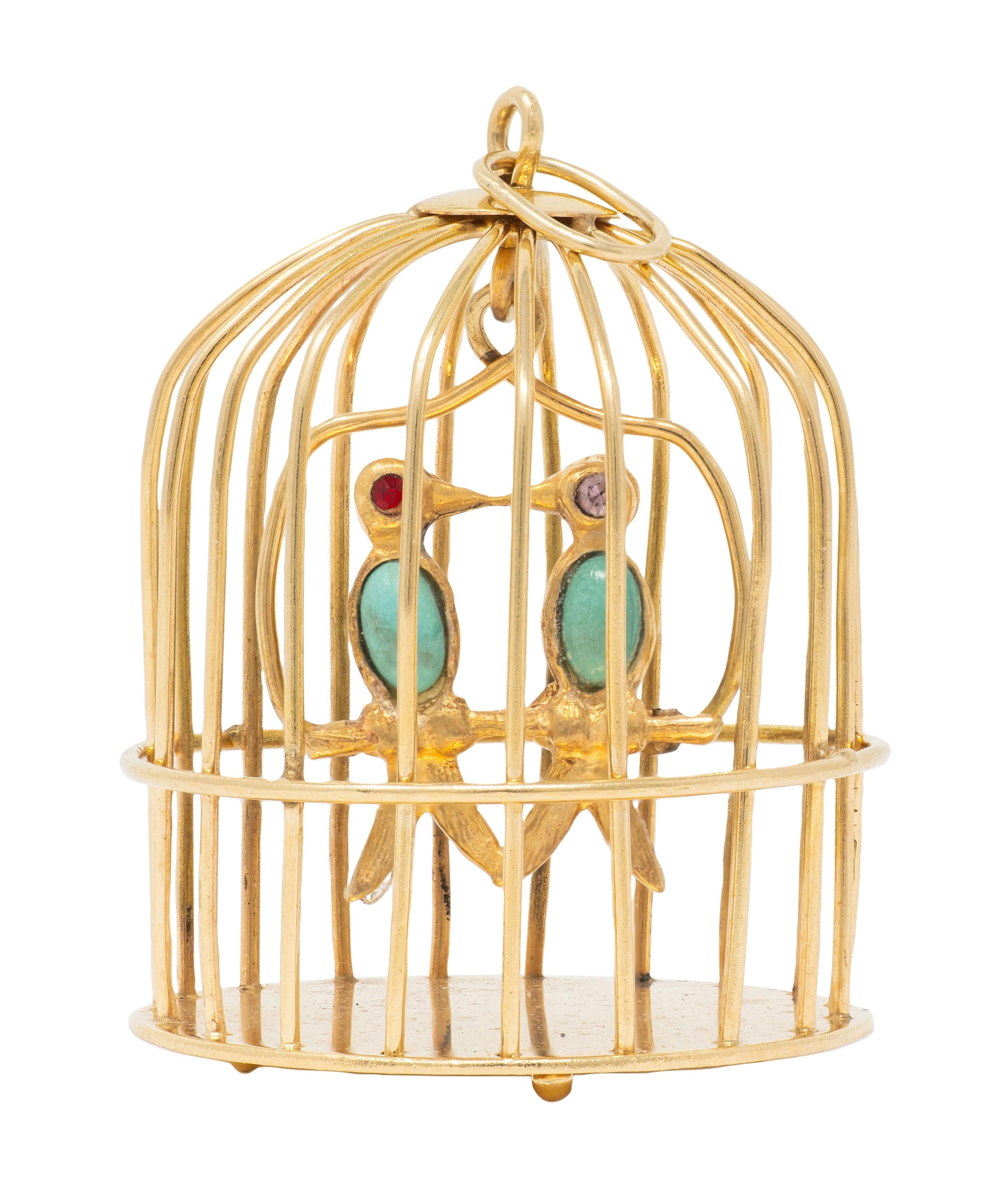 1960's Turquoise Multi-Gem 14 Karat Yellow Gold Vintage Caged Lovebirds Pendant