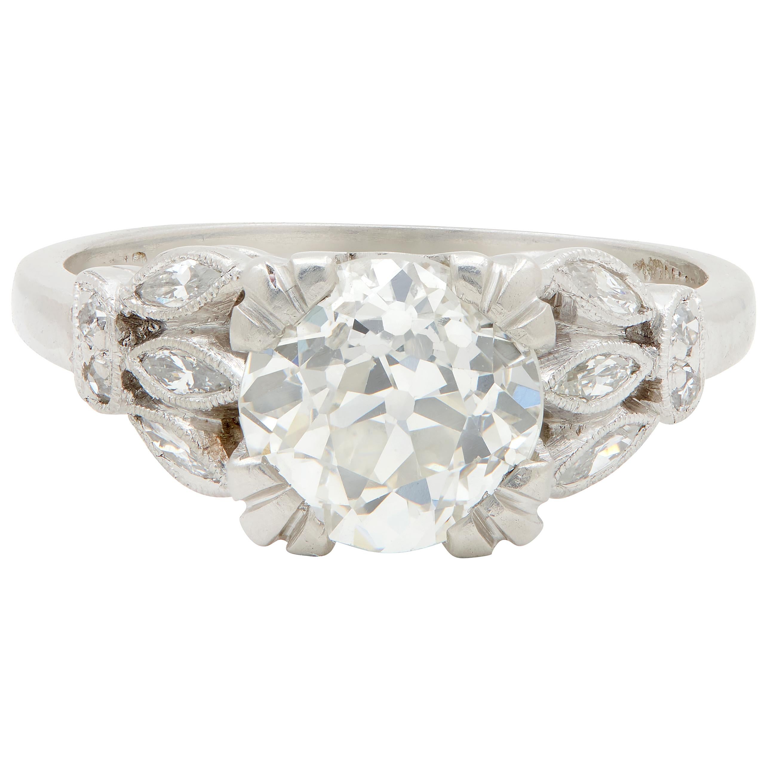 Art Deco 1930's 1.63 CTW Old European Cut Diamond Platinum Lotus Engagement Ring