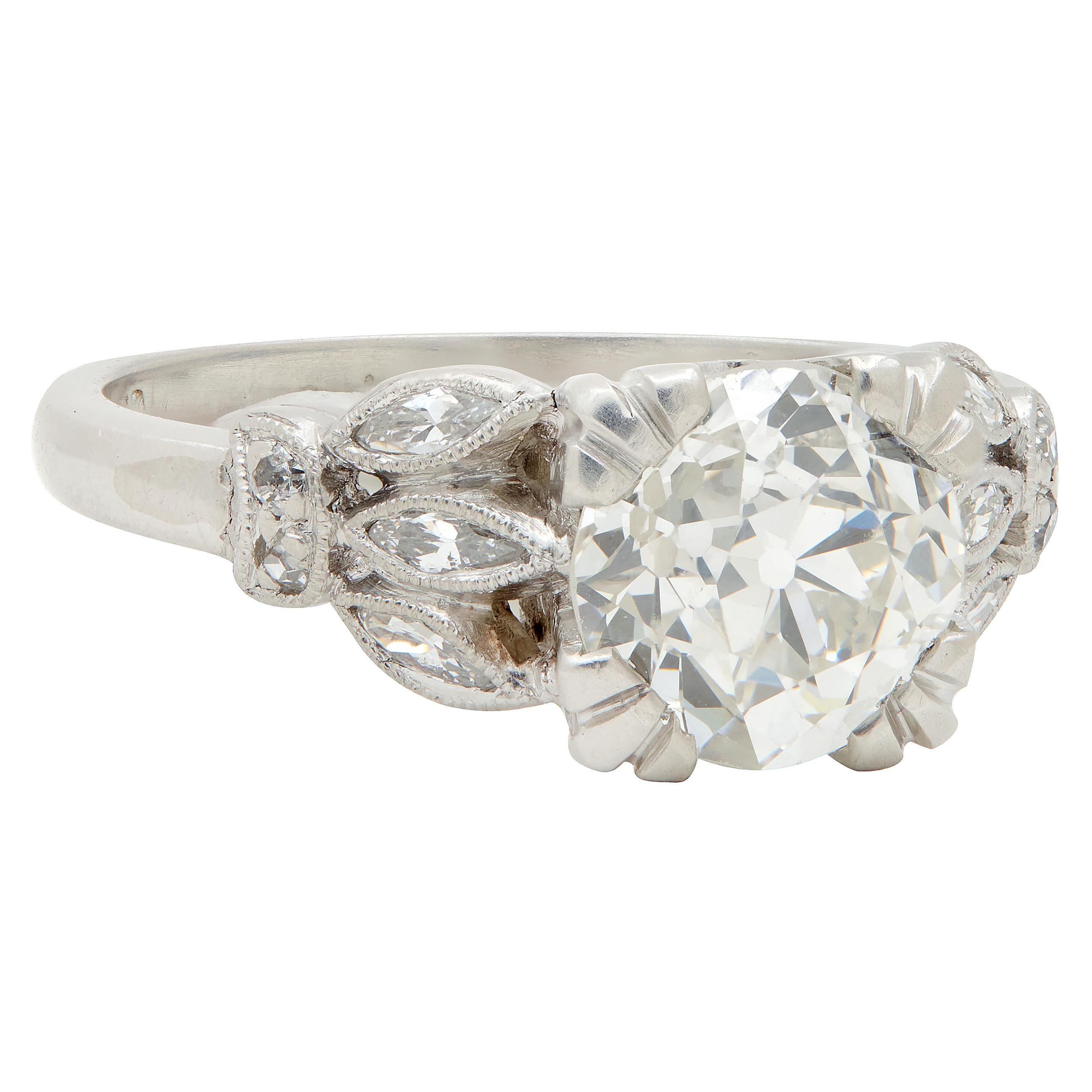 Art Deco 1930's 1.63 CTW Old European Cut Diamond Platinum Lotus Engagement Ring