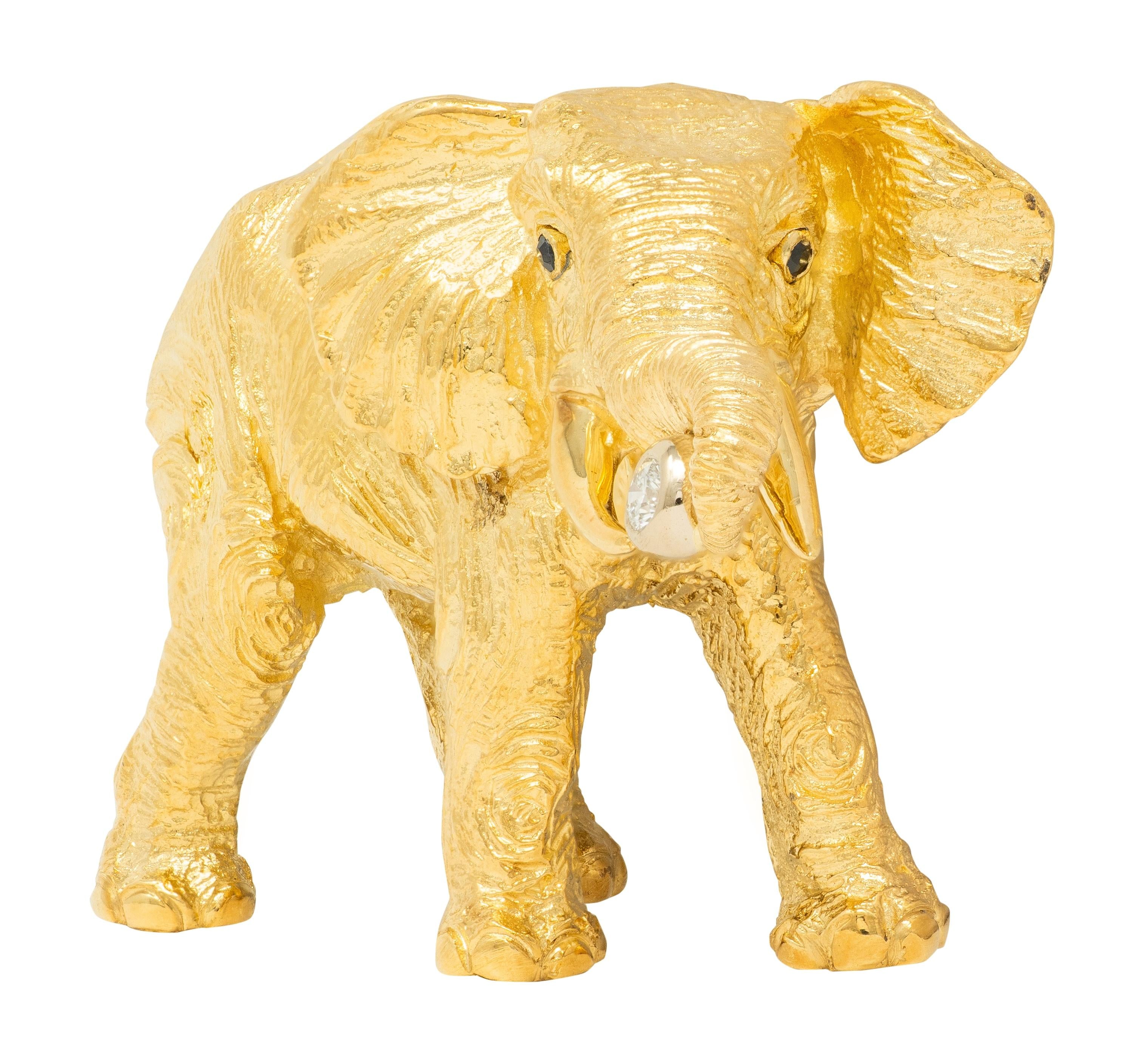 Tiffany & Co. 1996 Diamond Sapphire 18 Karat Yellow Gold Vintage Elephant Brooch