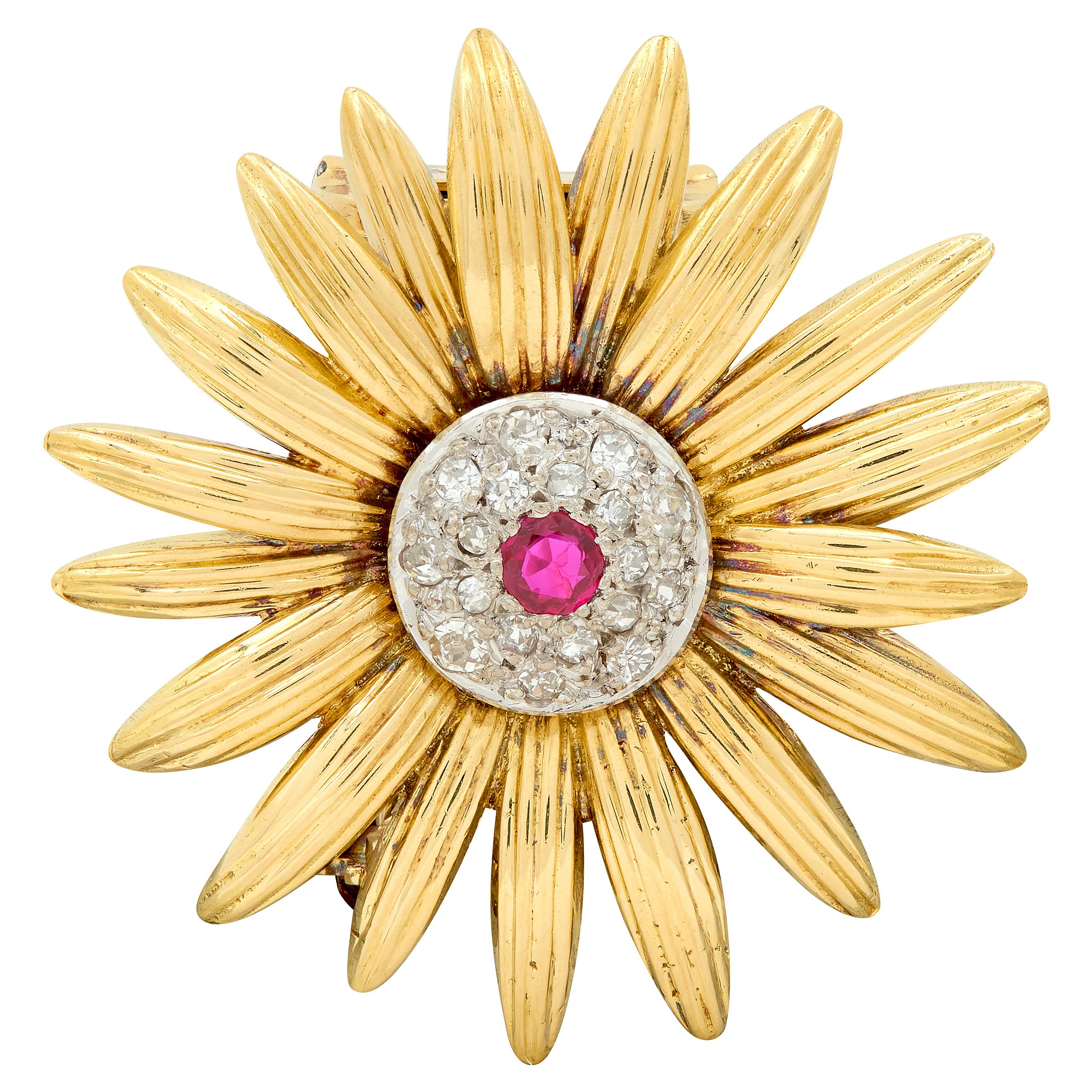 Van Cleef & Arpels 1950's Diamond Ruby Platinum 18K Gold Vintage Flower Brooch
