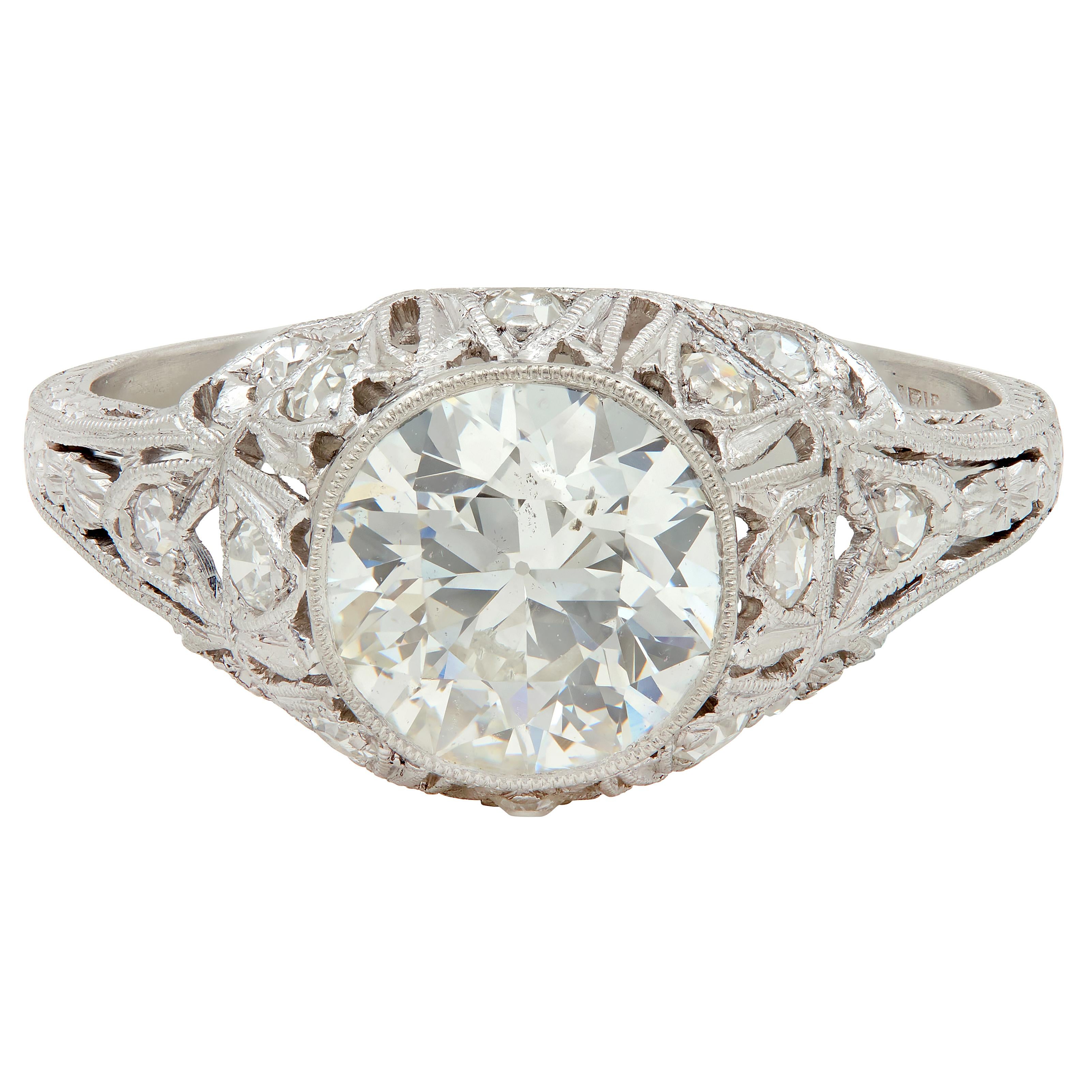 Art Deco Old European Cut Diamond Platinum Tulip Vintage Engagement Ring