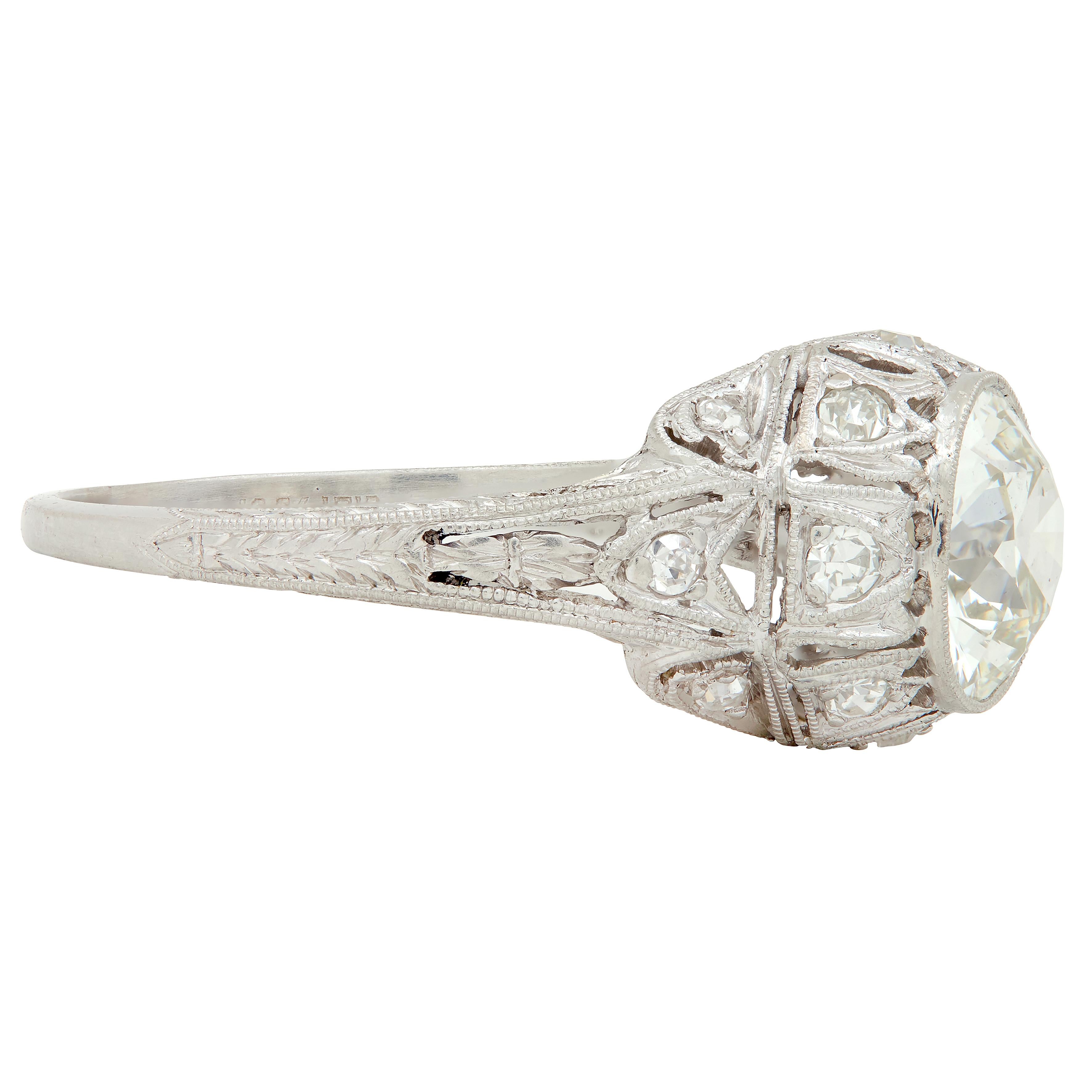 Art Deco Old European Cut Diamond Platinum Tulip Vintage Engagement Ring