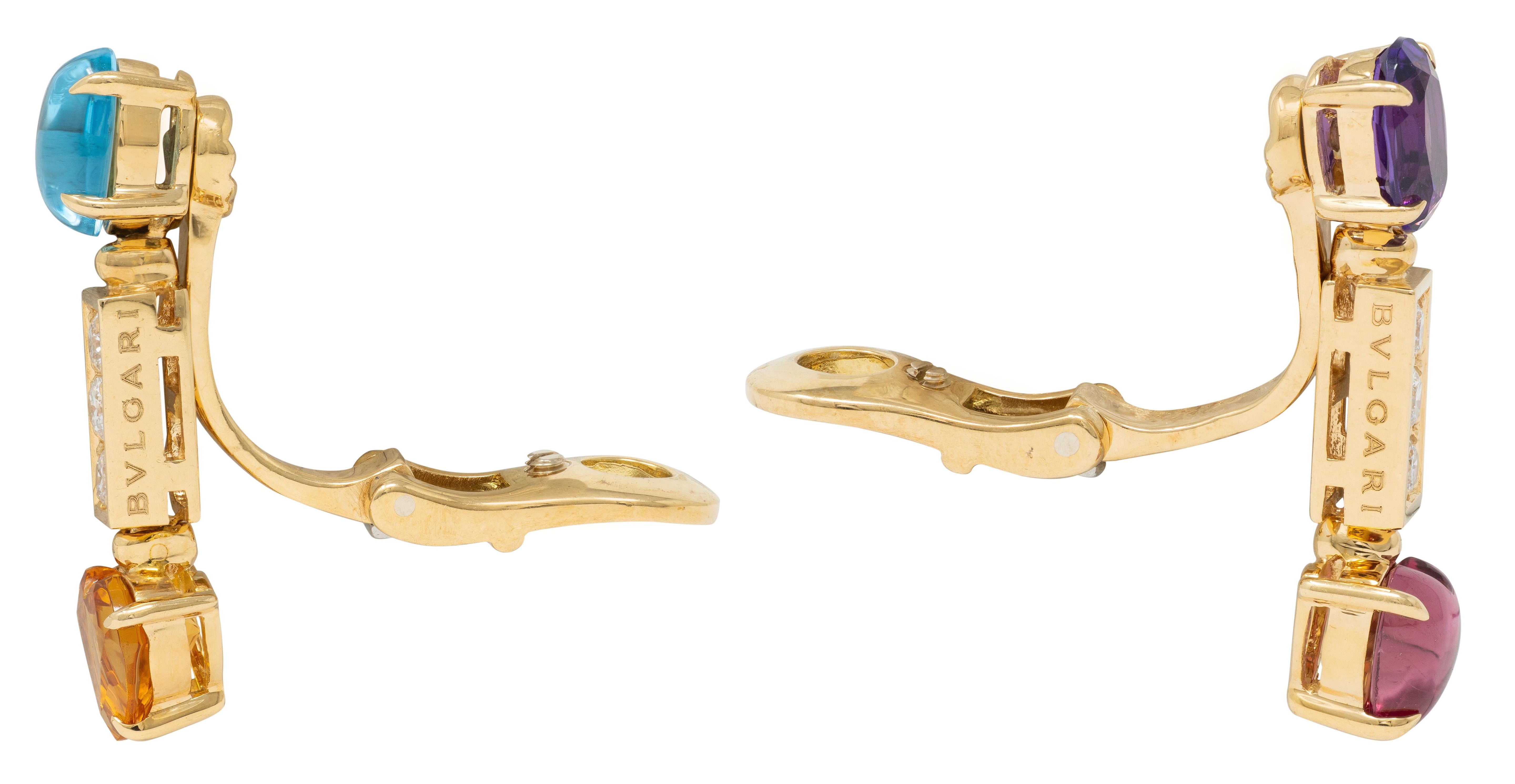 Bulgari Diamond Multi-Gem 18 Karat Yellow Gold Allegra Drop Ear-Clip Earrings