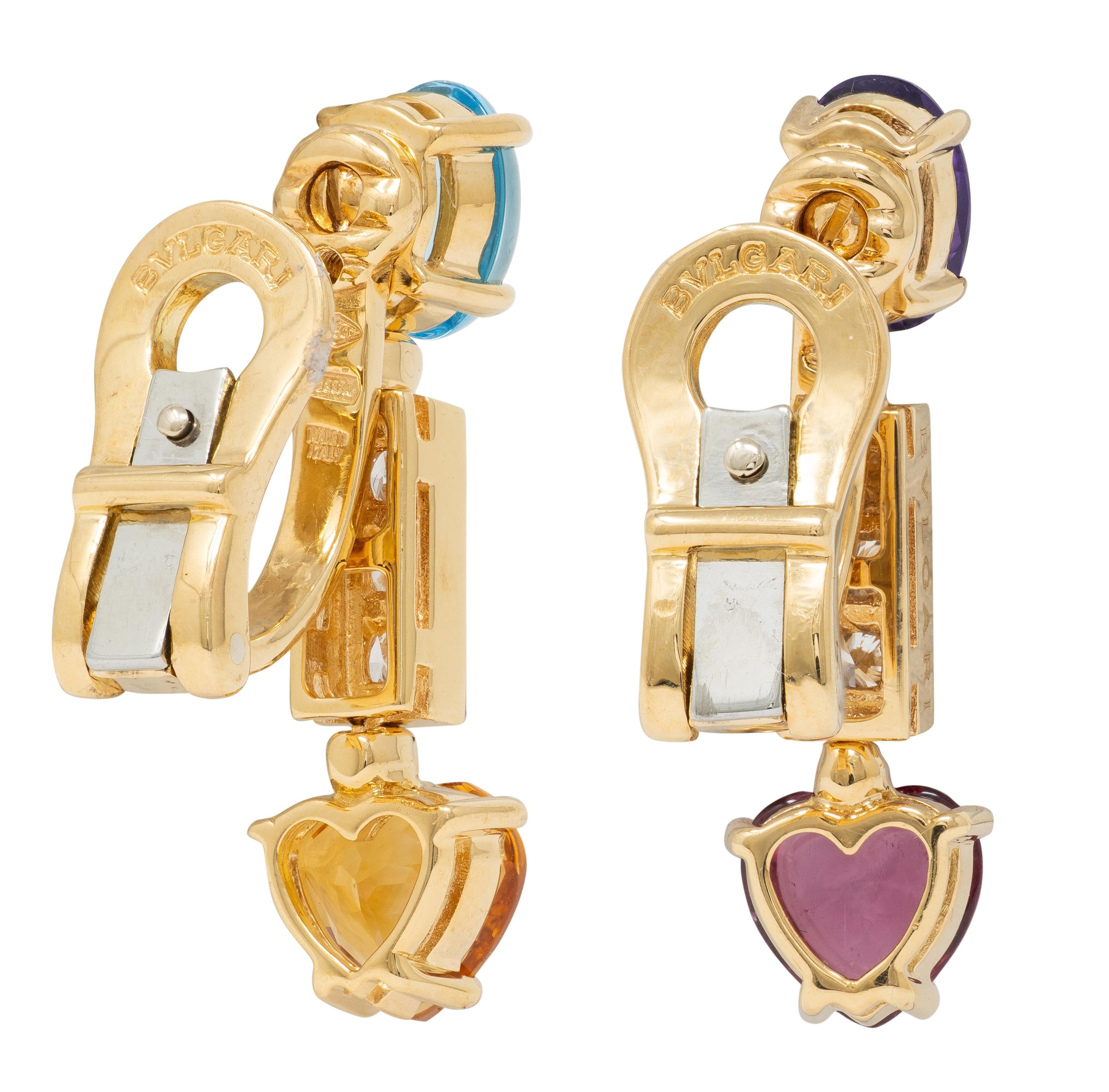 Bulgari Diamond Multi-Gem 18 Karat Yellow Gold Allegra Drop Ear-Clip Earrings