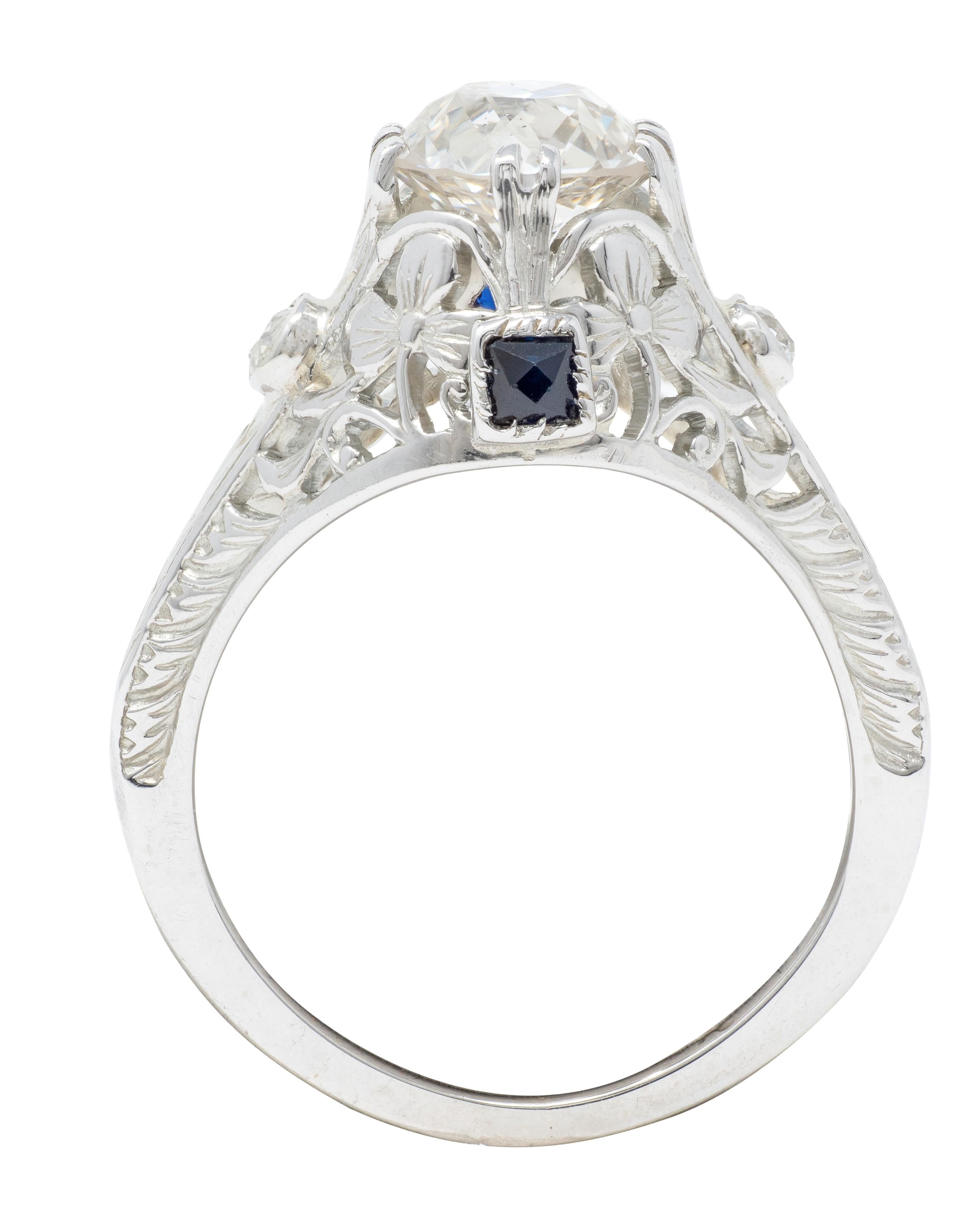 Art Deco Old European Diamond Sapphire 18K White Gold Vintage Engagement Ring