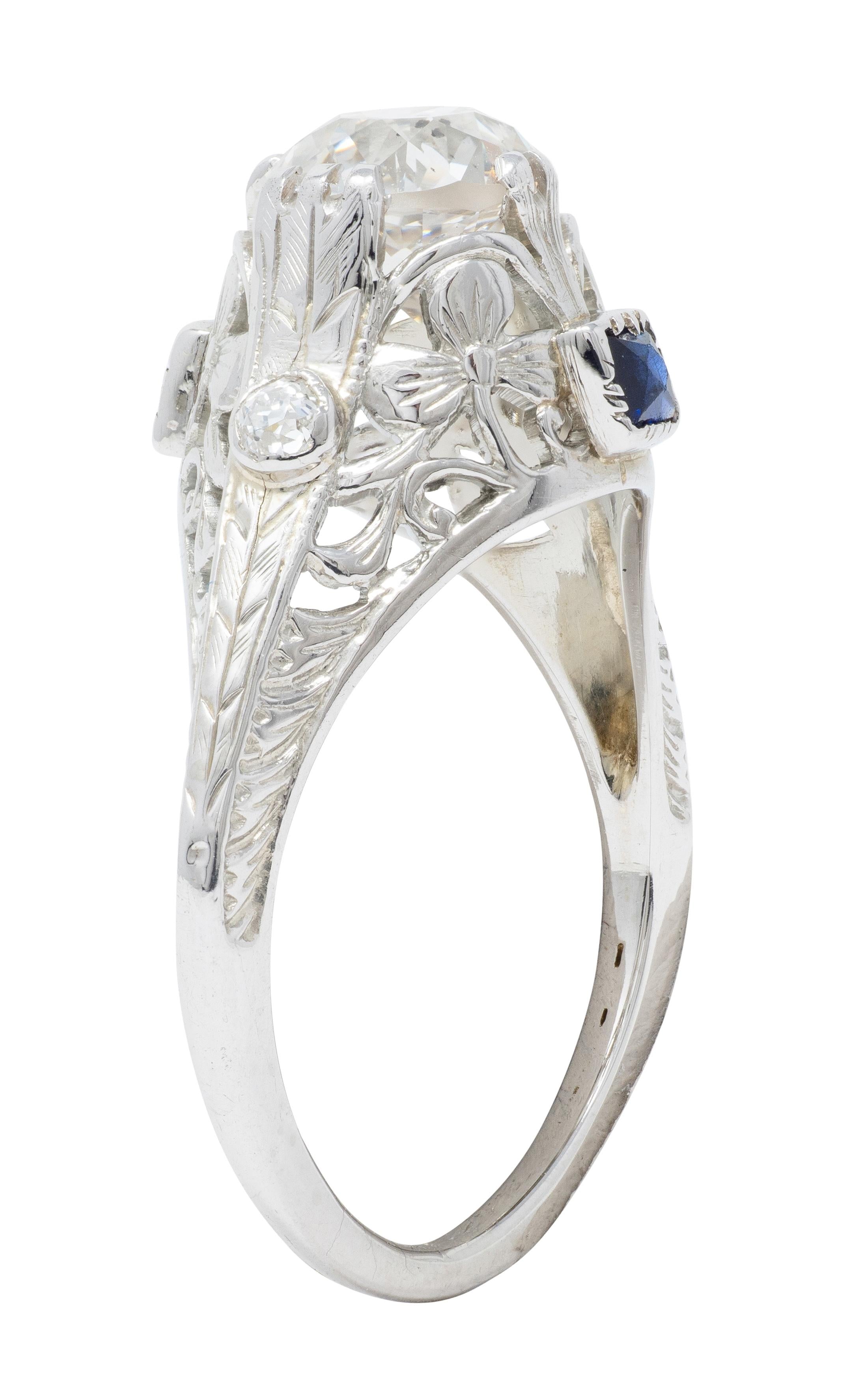 Art Deco Old European Diamond Sapphire 18K White Gold Vintage Engagement Ring
