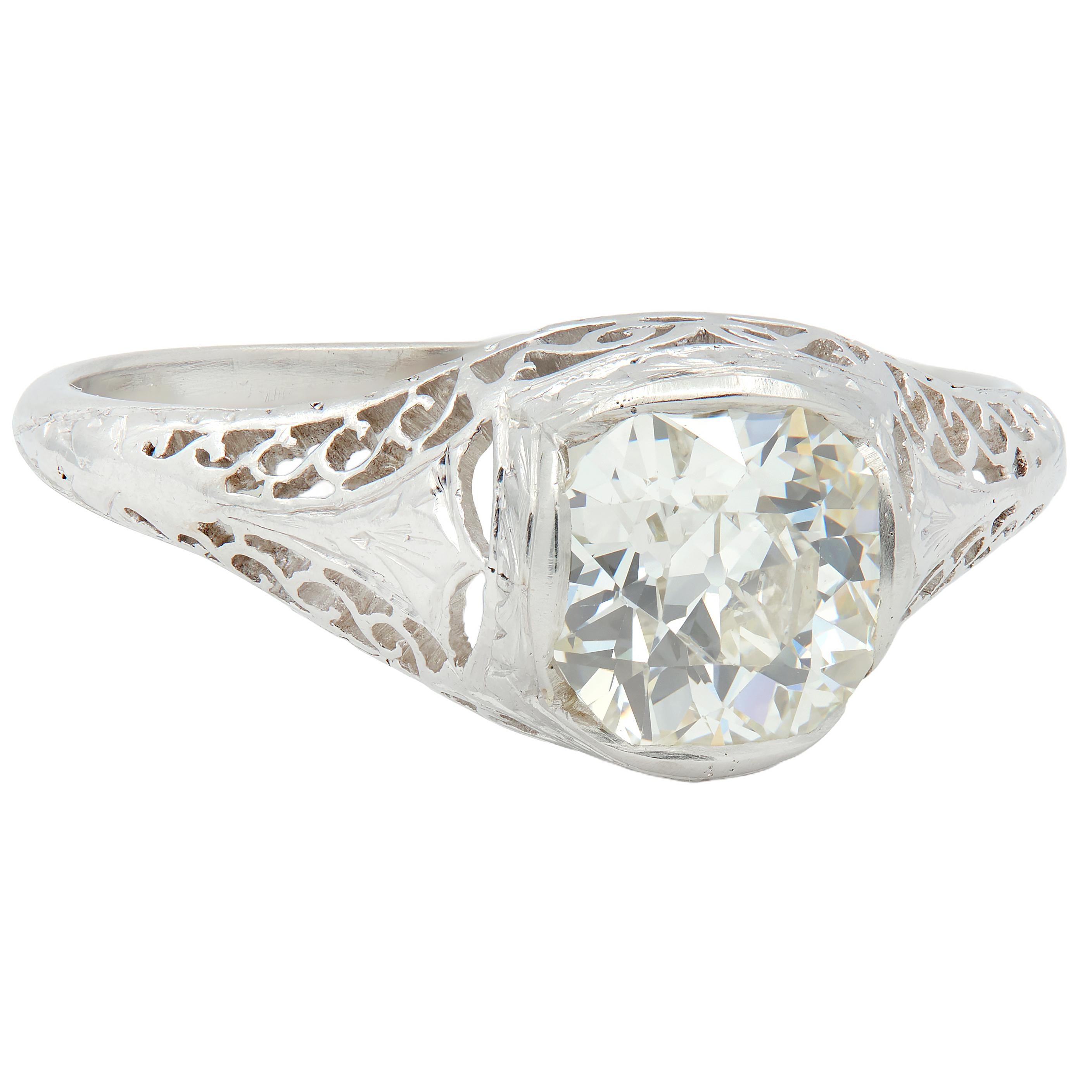 Art Deco Old Mine Cut Diamond Platinum Arching Scroll Antique Engagement Ring